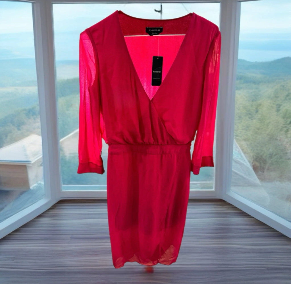 Bebe Womens Raspberry Pink Chiffon Faux Wrap Midi Dress 3/4 Sleeve NWT Sz 4