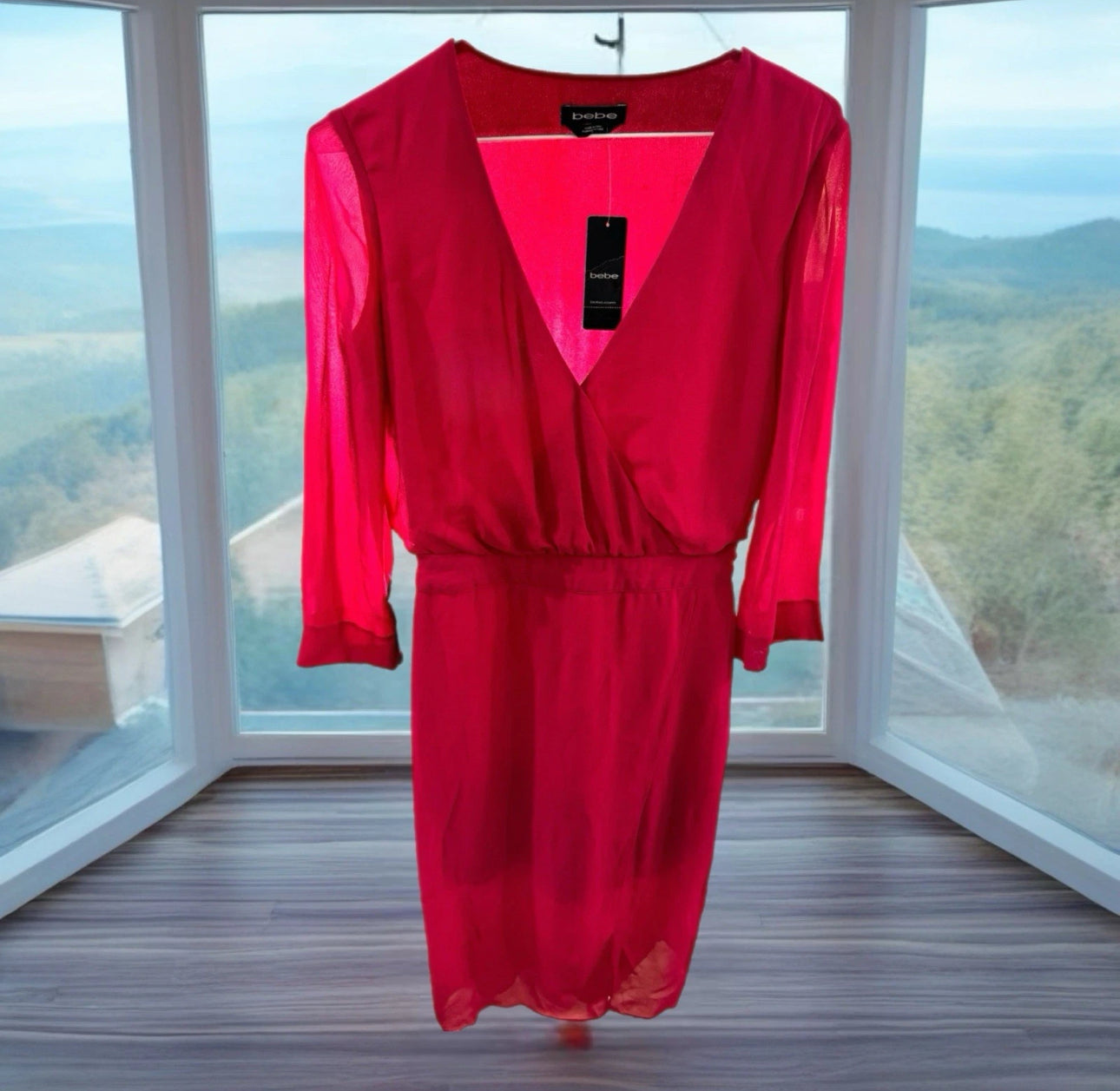 Bebe Womens Raspberry Pink Chiffon Faux Wrap Midi Dress 3/4 Sleeve NWT Sz 4
