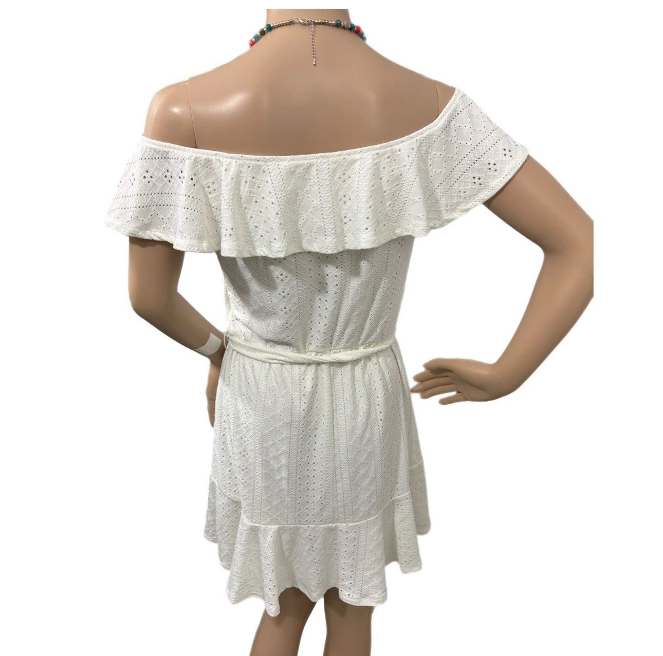 BCBGeneration Ruffled Off Shoulder Eyelet Mini Dress Womens Cottage White Sz M