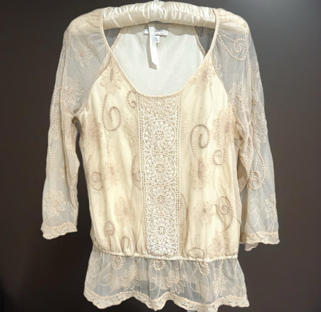 Y2K DRESS BARN Lace Romantic Whimsical Cream Floral Embroidered Blouse Sz M