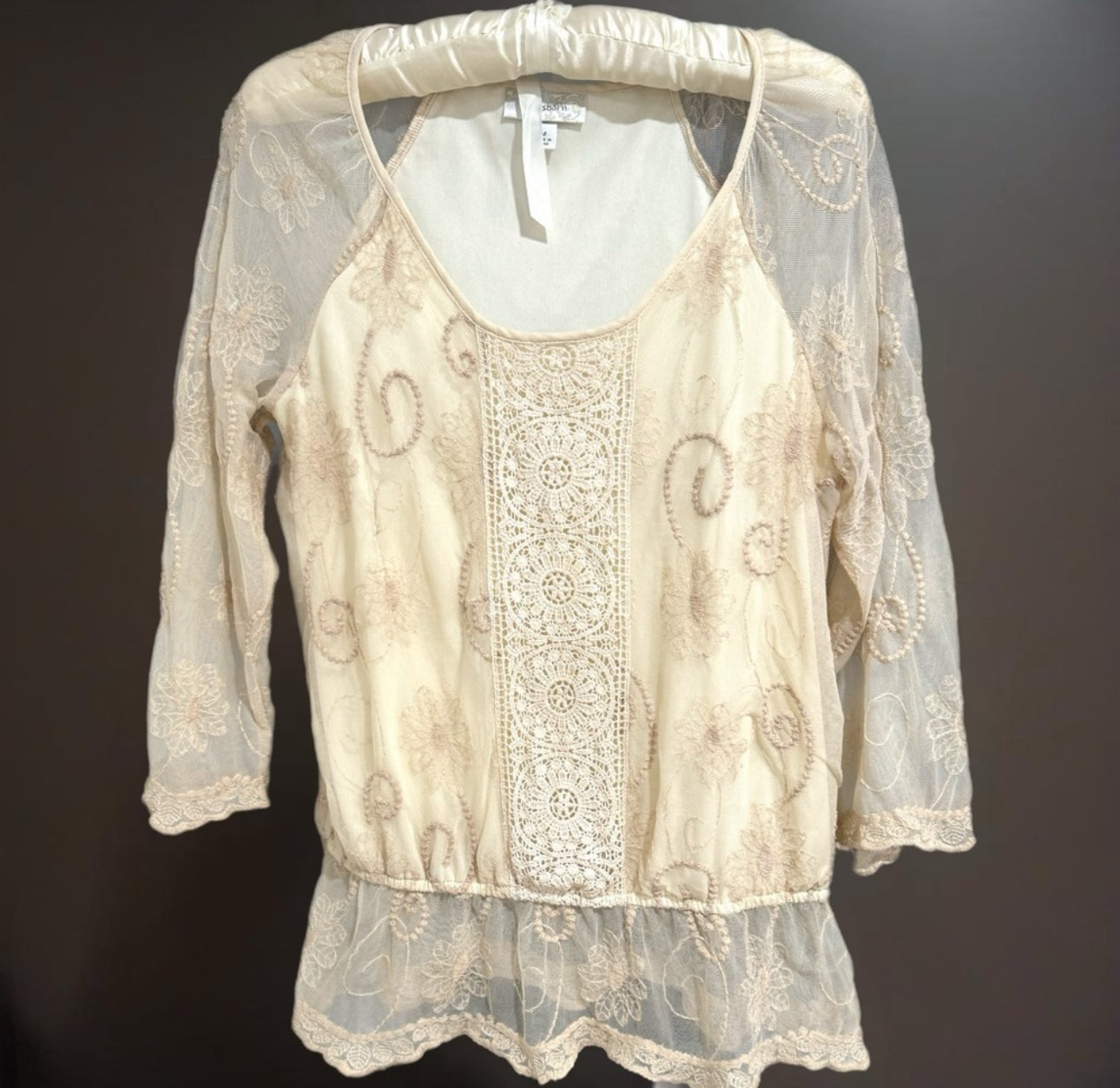 Y2K DRESS BARN Lace Romantic Whimsical Cream Floral Embroidered Blouse Sz M
