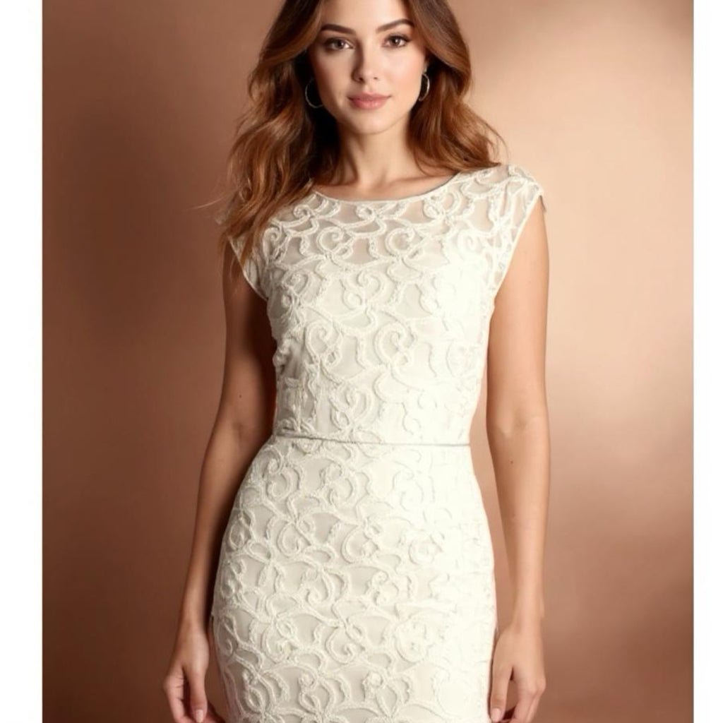 Adrianna Papell Women’s Ivory Dress Floral Lace Short Cap Sleeve Sheath Sz 8