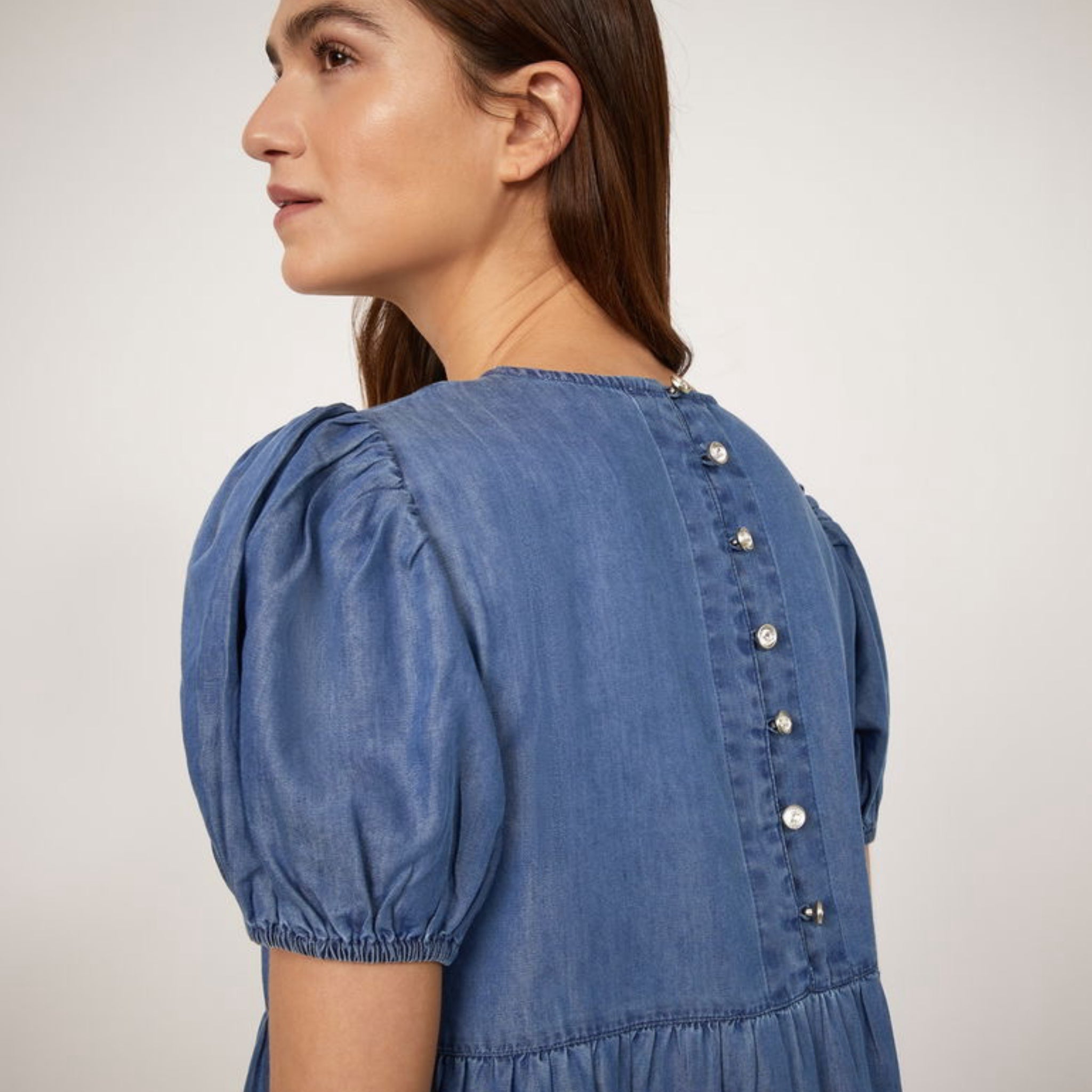 WAREHOUSE Puff Sleeve Denim Mini Dress CottageCore Tiered Babydoll Button Back European 10 US 6 NWT