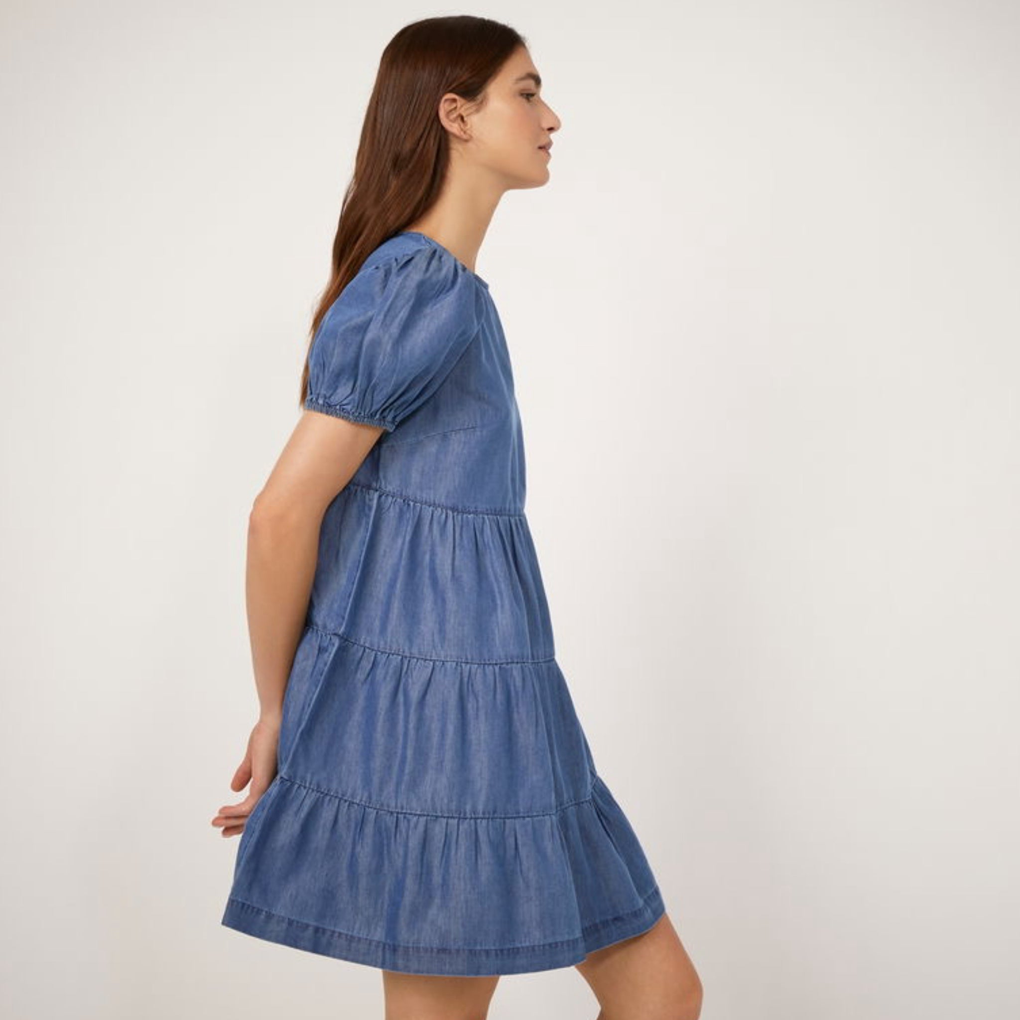 WAREHOUSE Puff Sleeve Denim Mini Dress CottageCore Tiered Babydoll Button Back European 10 US 6 NWT