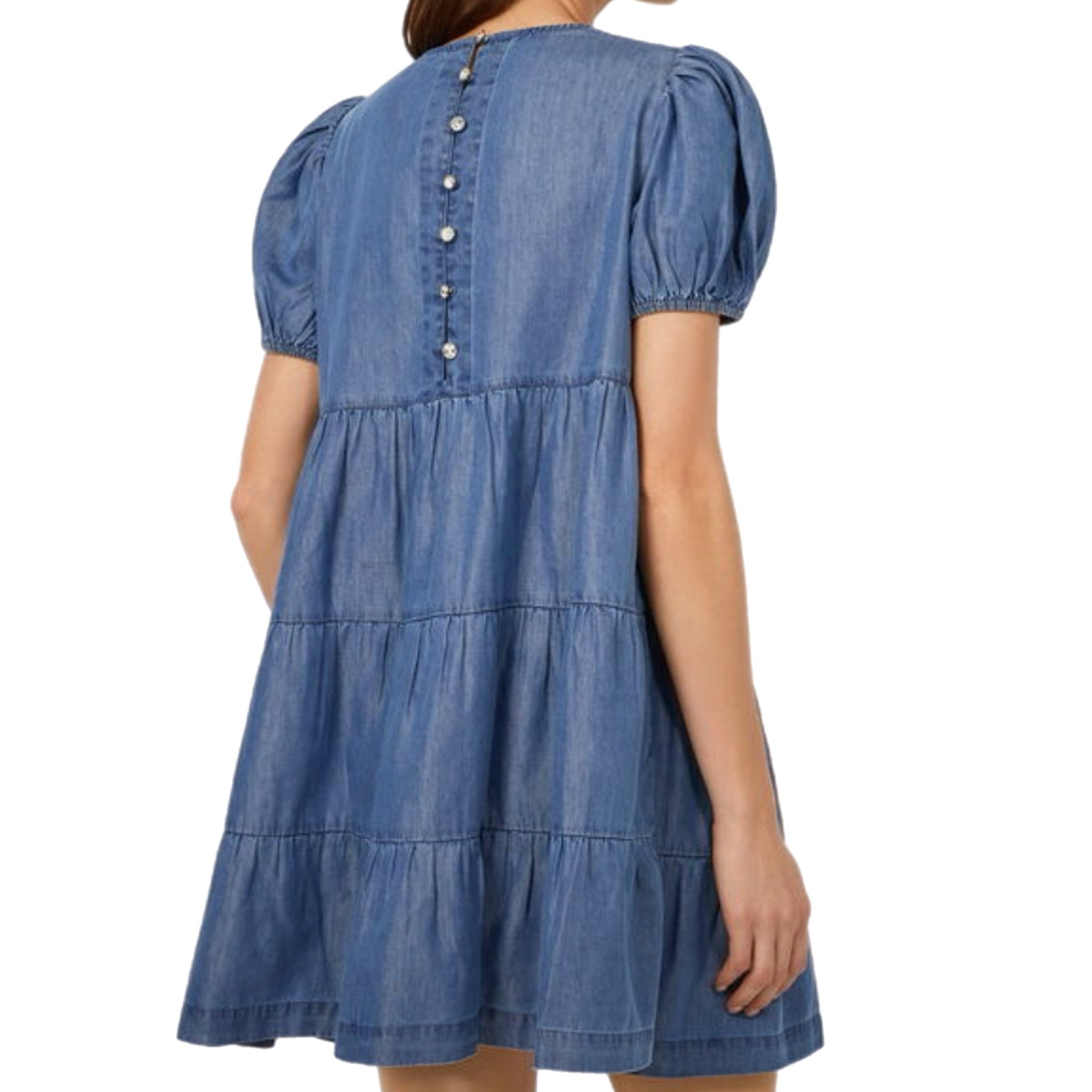 WAREHOUSE Puff Sleeve Denim Mini Dress CottageCore Tiered Babydoll Button Back European 10 US 6 NWT