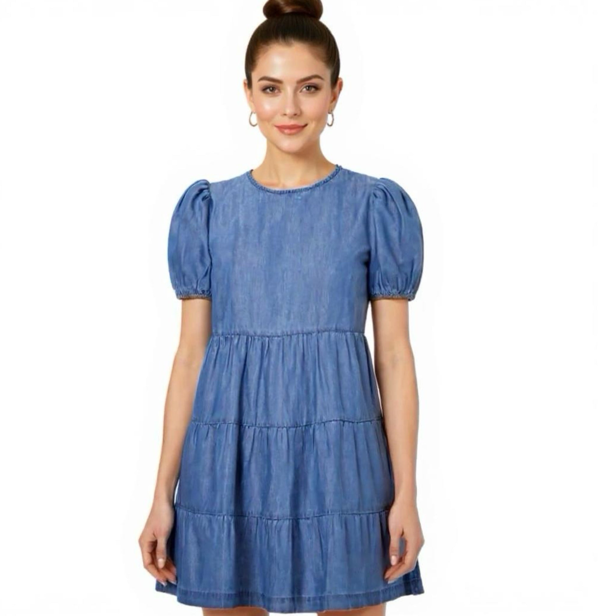 WAREHOUSE Puff Sleeve Denim Mini Dress CottageCore Tiered Babydoll Button Back European 10 US 6 NWT