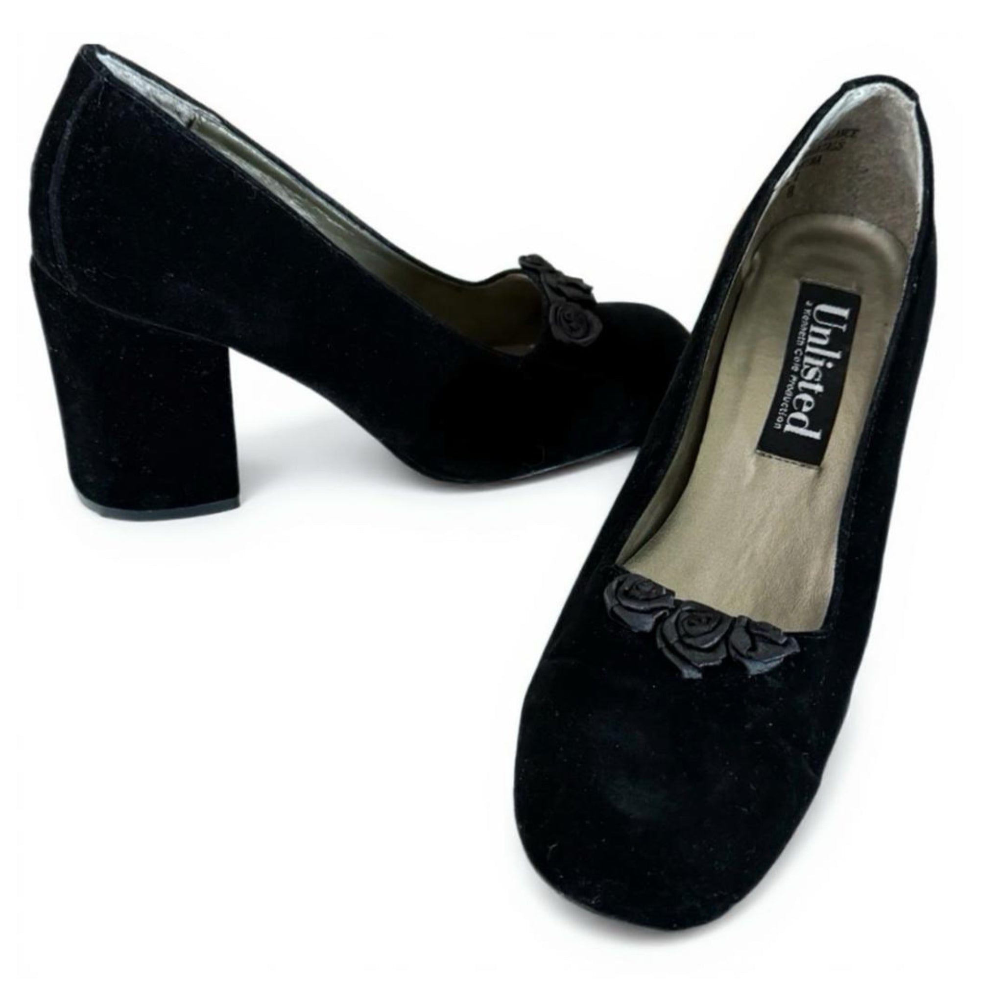 Kenneth Cole Unlisted VINTAGE 90s Black Velvet High Heels Block Round Toe Sz 8