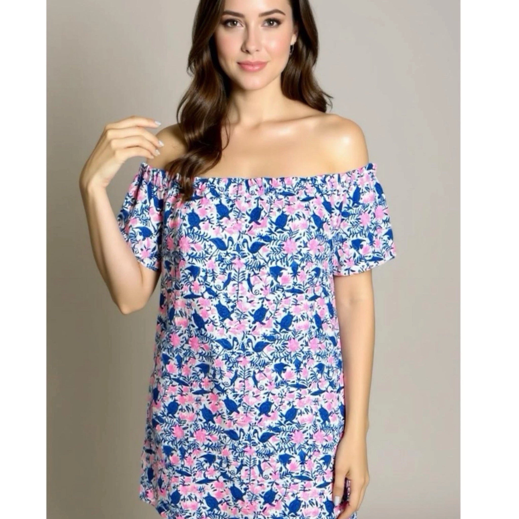 Vineyard Vines Linen Blend Floral Sea Life Off Shoulder Summer Mini Dress Sz M