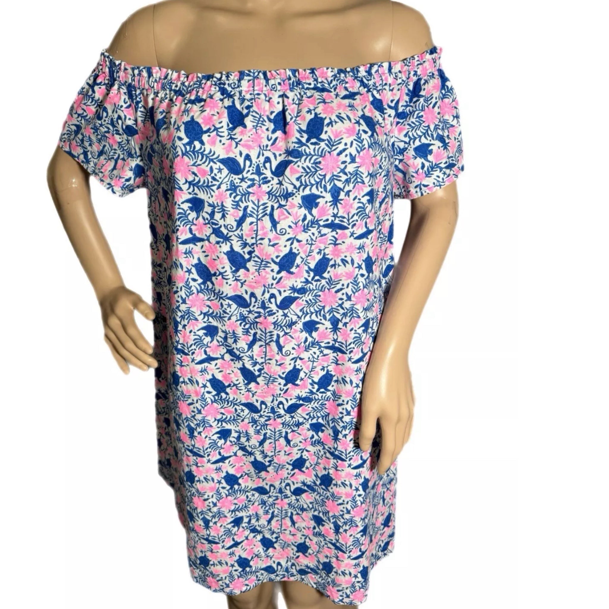 Vineyard Vines Linen Blend Floral Sea Life Off Shoulder Summer Mini Dress Sz M