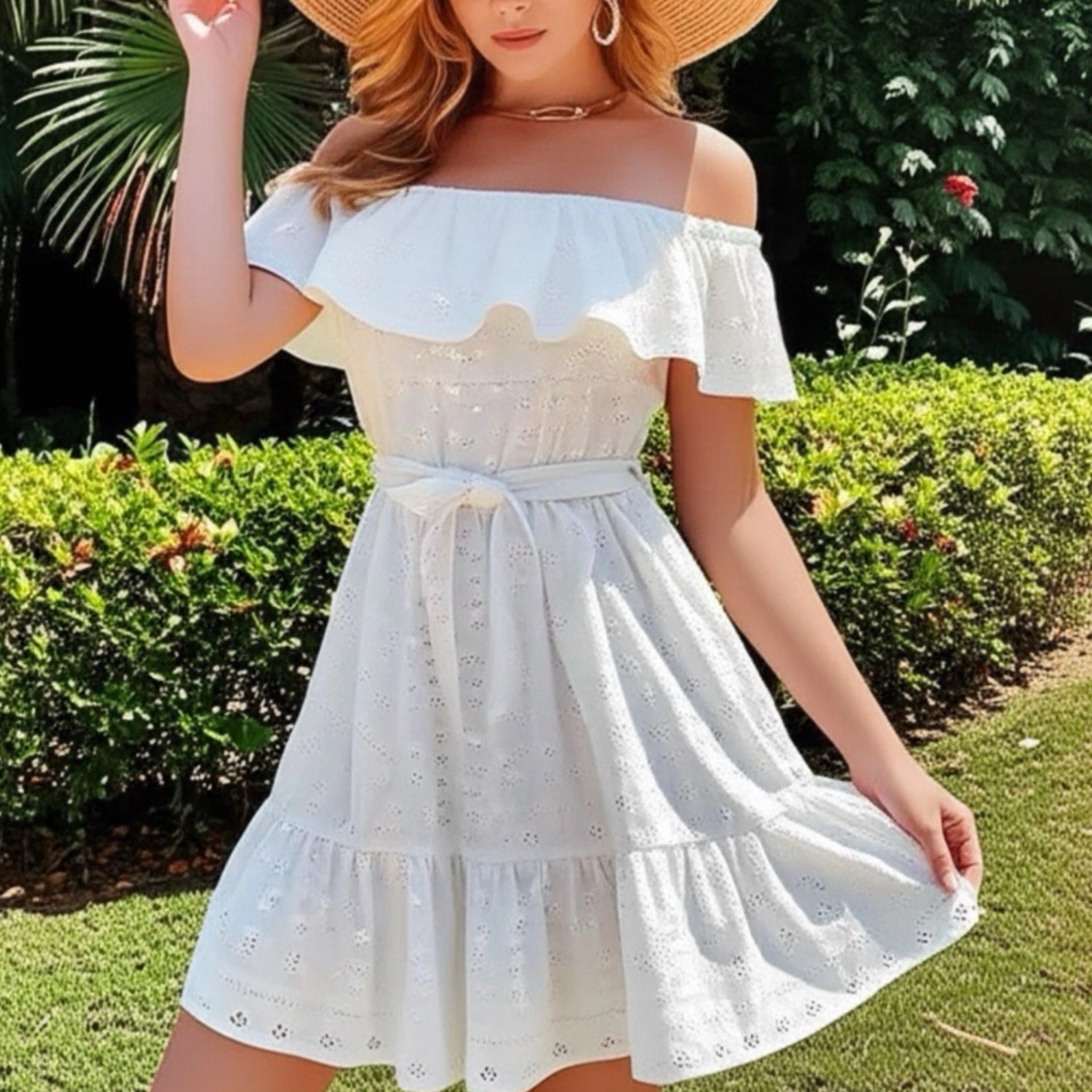 BCBGeneration Ruffled Off Shoulder Eyelet Mini Dress Womens Cottage White Sz M