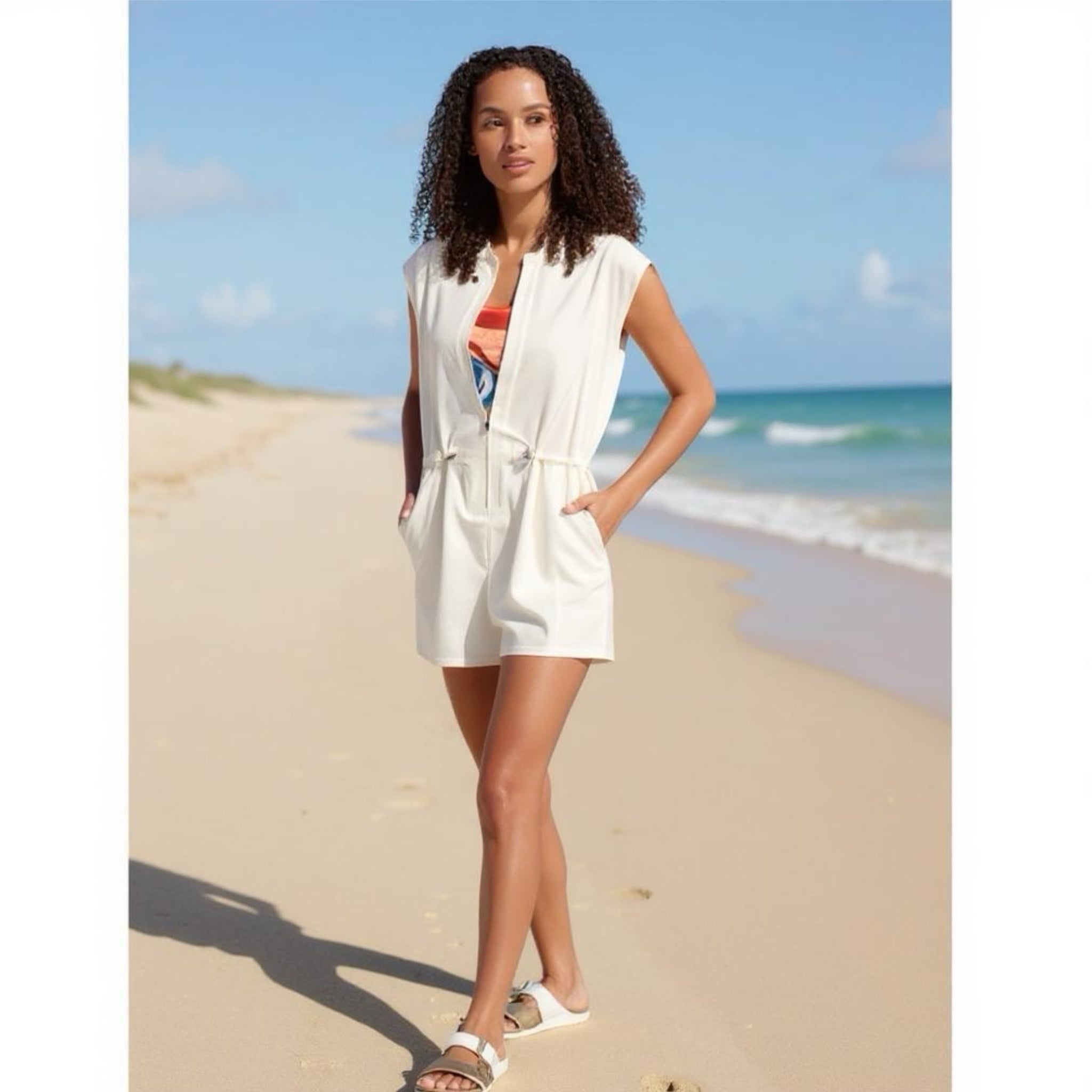 CALIA Soft Utility Romper Unbleached White Zip Womens Beachy Short Sleeve Sz XL