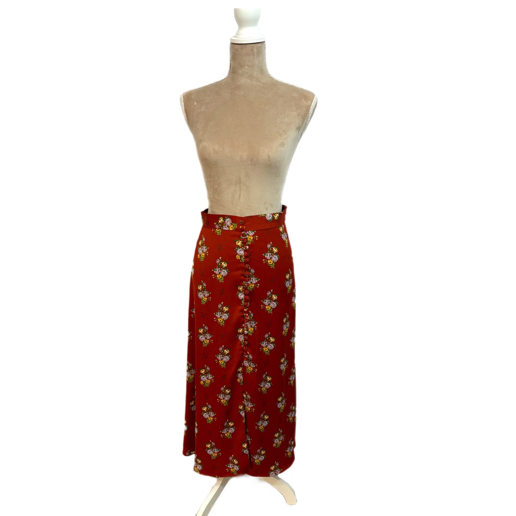 ZARA Romantic Floral Skirt Midi Covered Buttons Bohemian Chic Autumn Rust Sz S
