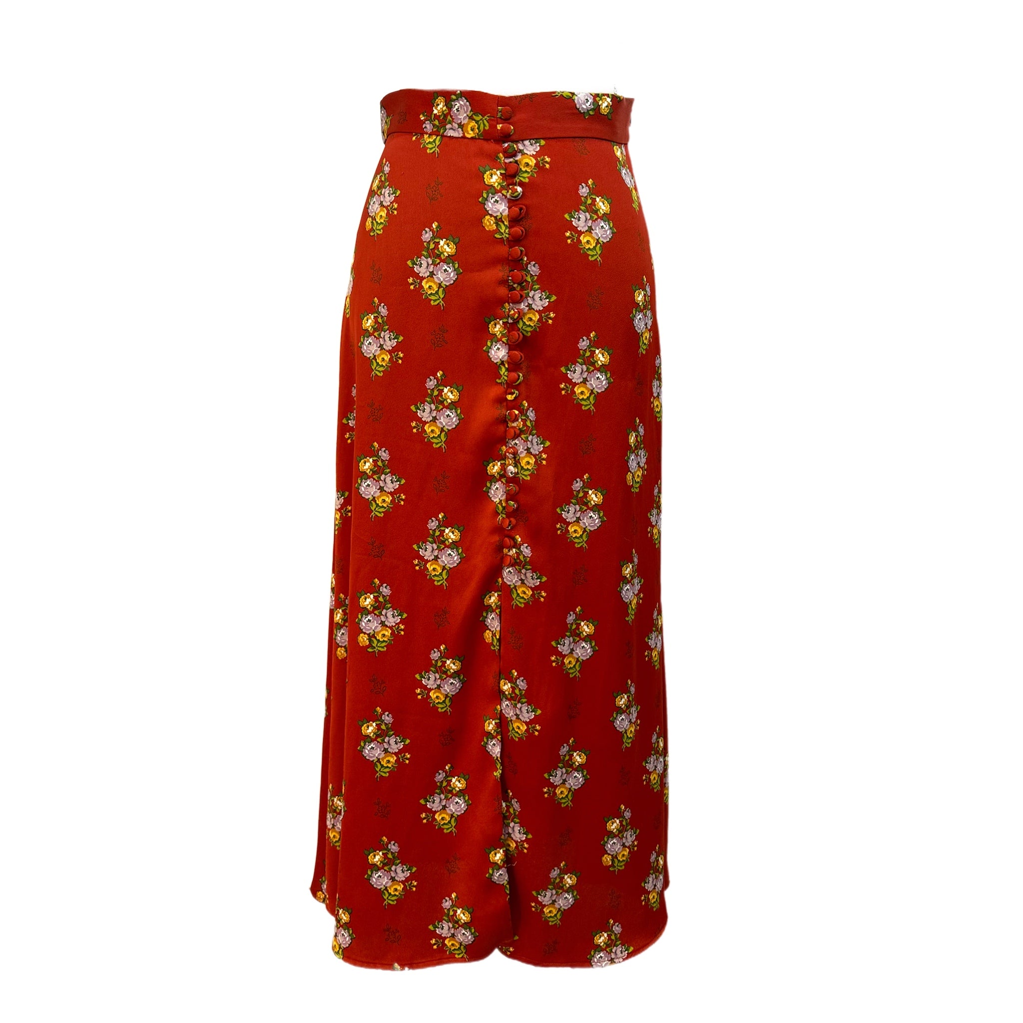 ZARA Romantic Floral Skirt Midi Covered Buttons Bohemian Chic Autumn Rust Sz S