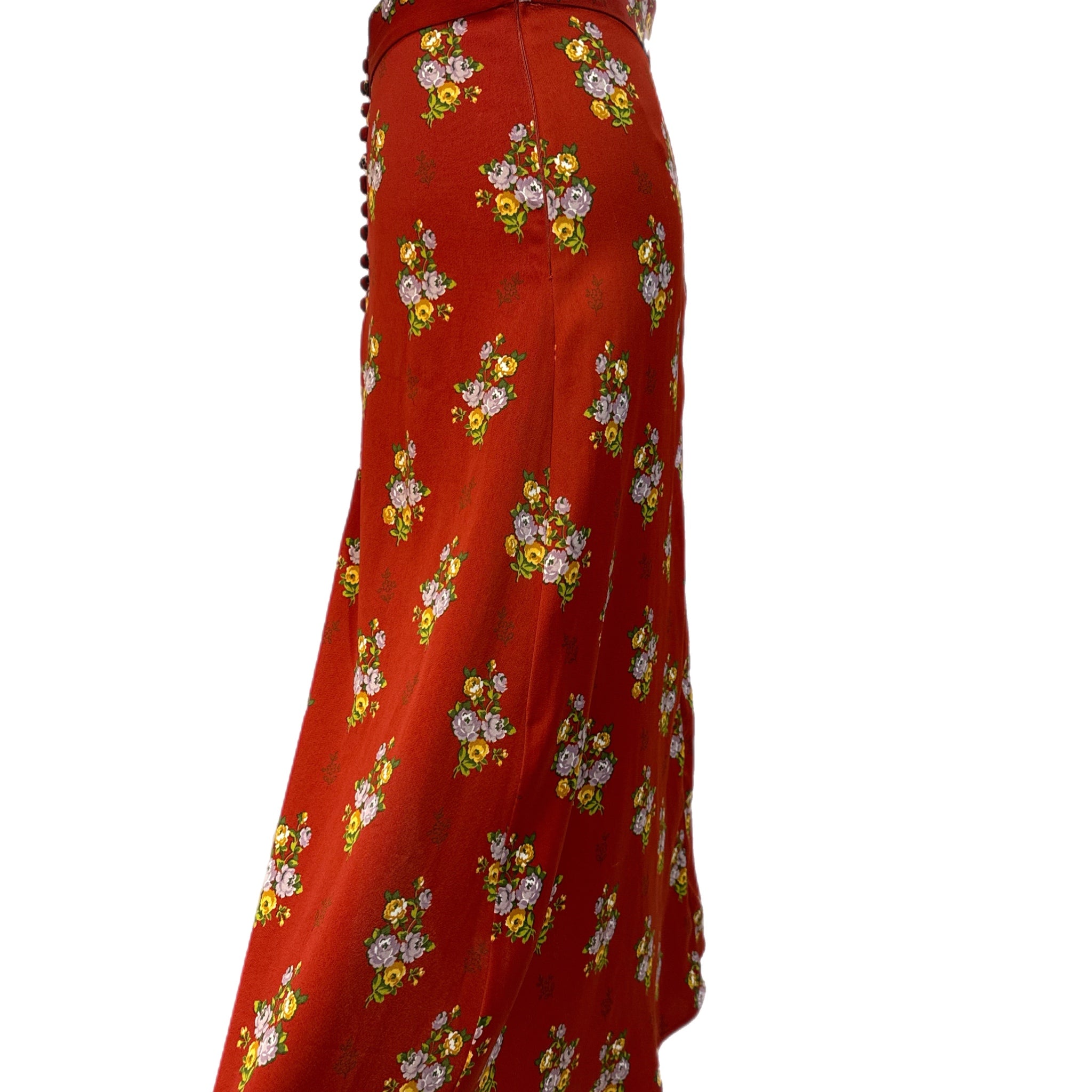 ZARA Romantic Floral Skirt Midi Covered Buttons Bohemian Chic Autumn Rust Sz S