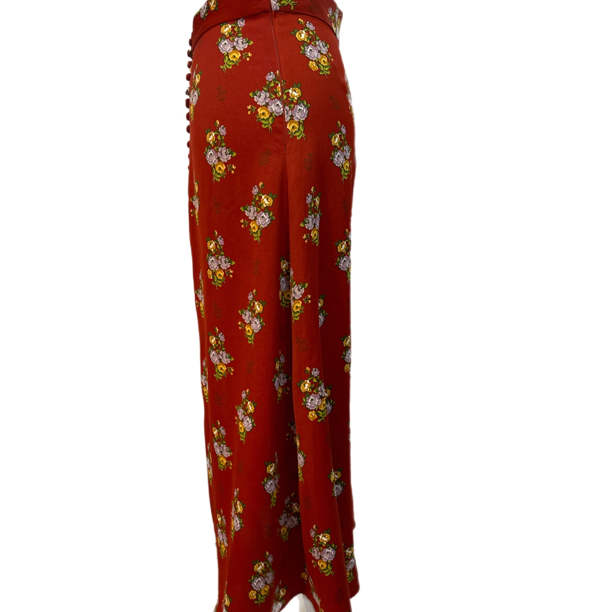 ZARA Romantic Floral Skirt Midi Covered Buttons Bohemian Chic Autumn Rust Sz S