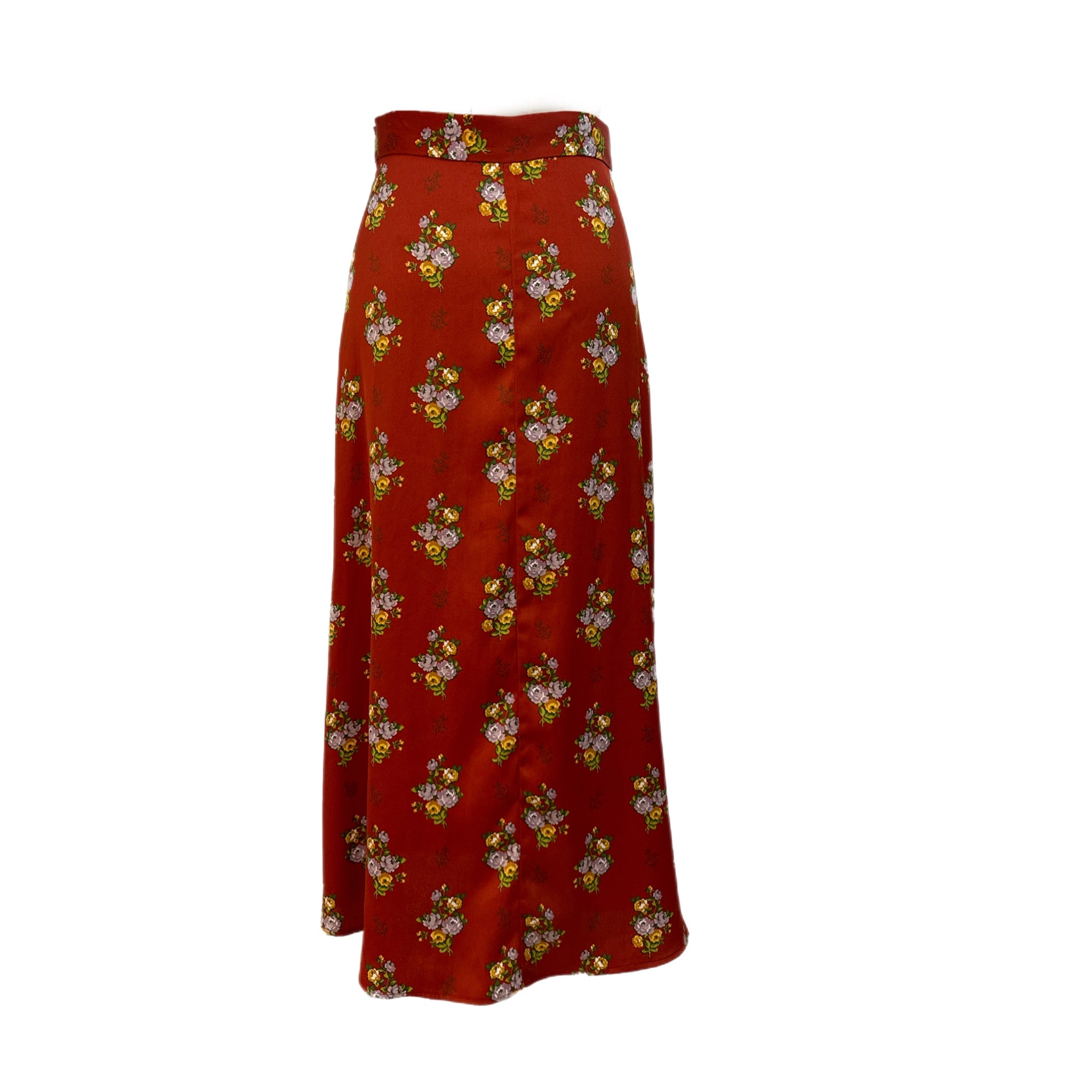 ZARA Romantic Floral Skirt Midi Covered Buttons Bohemian Chic Autumn Rust Sz S