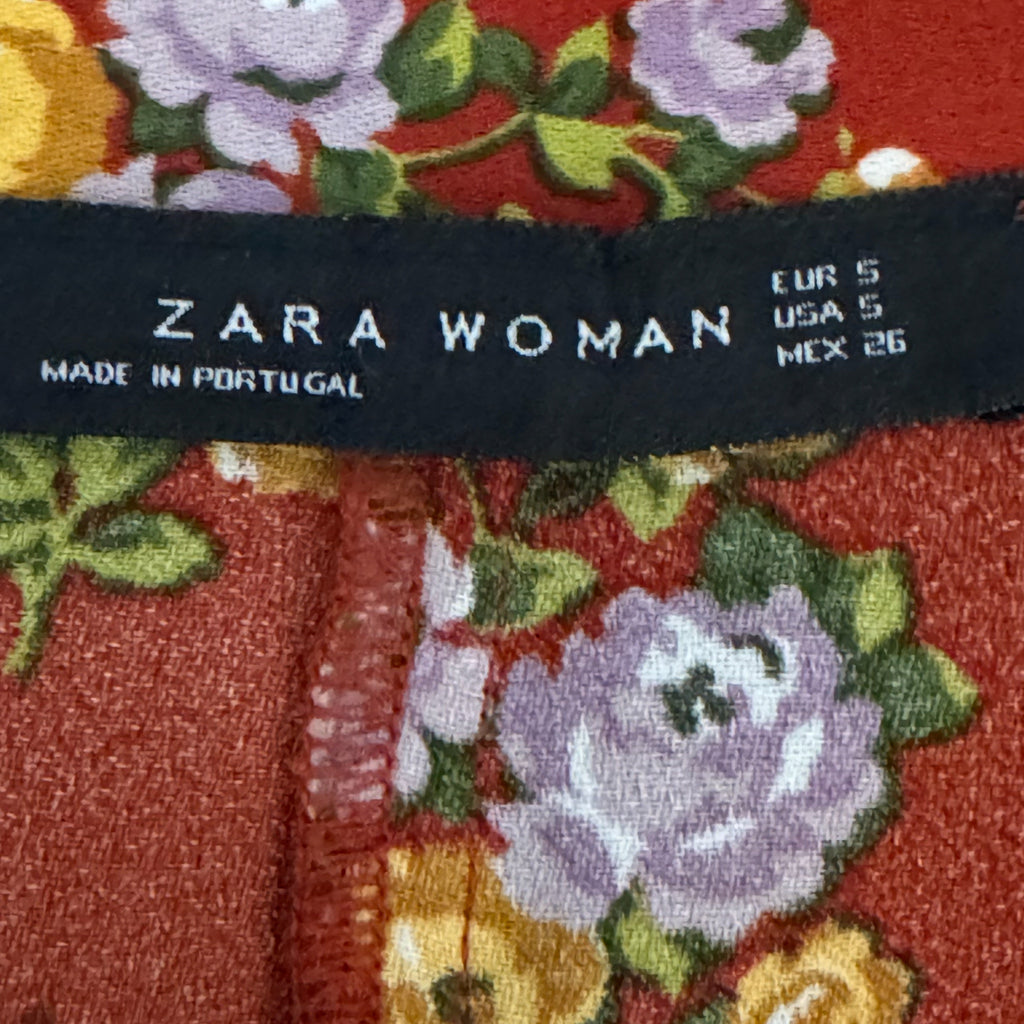 ZARA Romantic Floral Skirt Midi Covered Buttons Bohemian Chic Autumn Rust Sz S