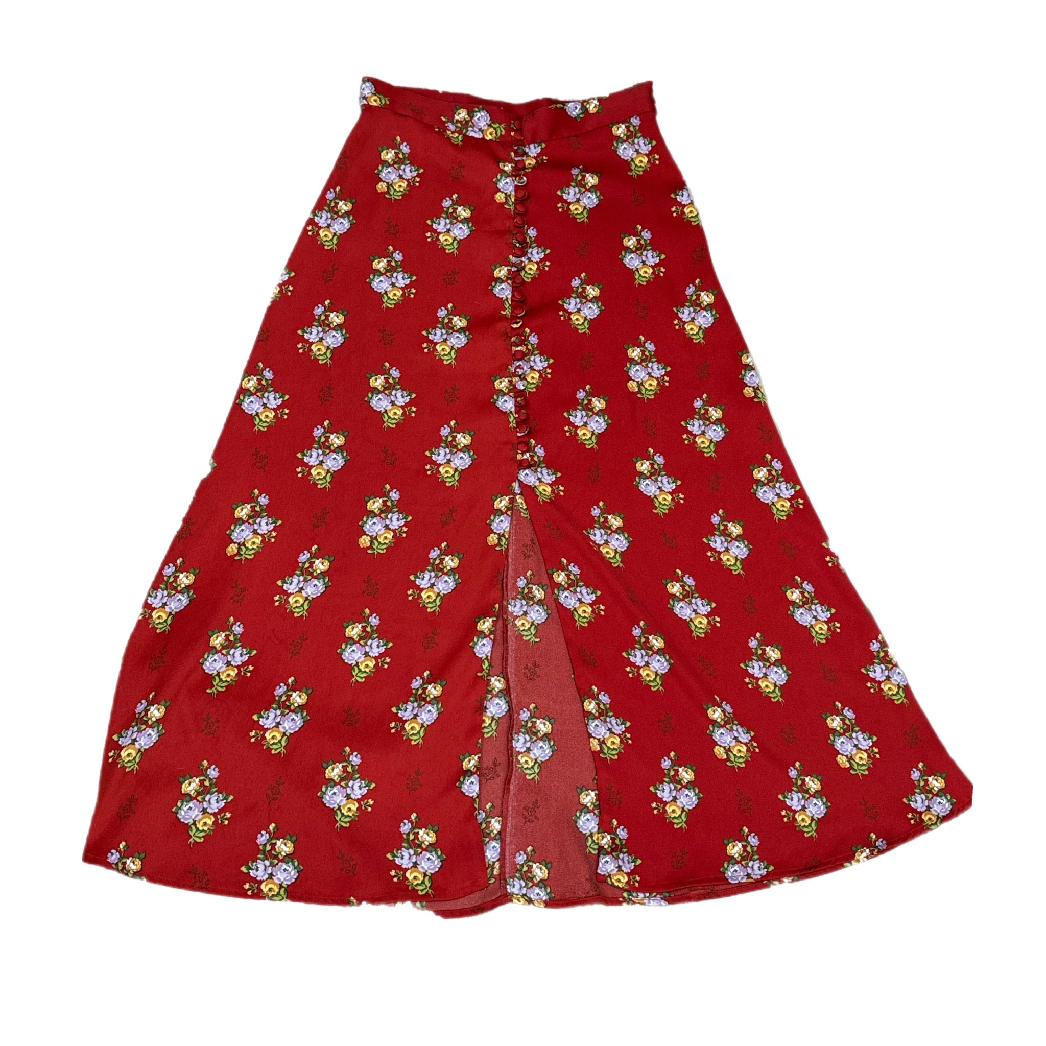 ZARA Romantic Floral Skirt Midi Covered Buttons Bohemian Chic Autumn Rust Sz S