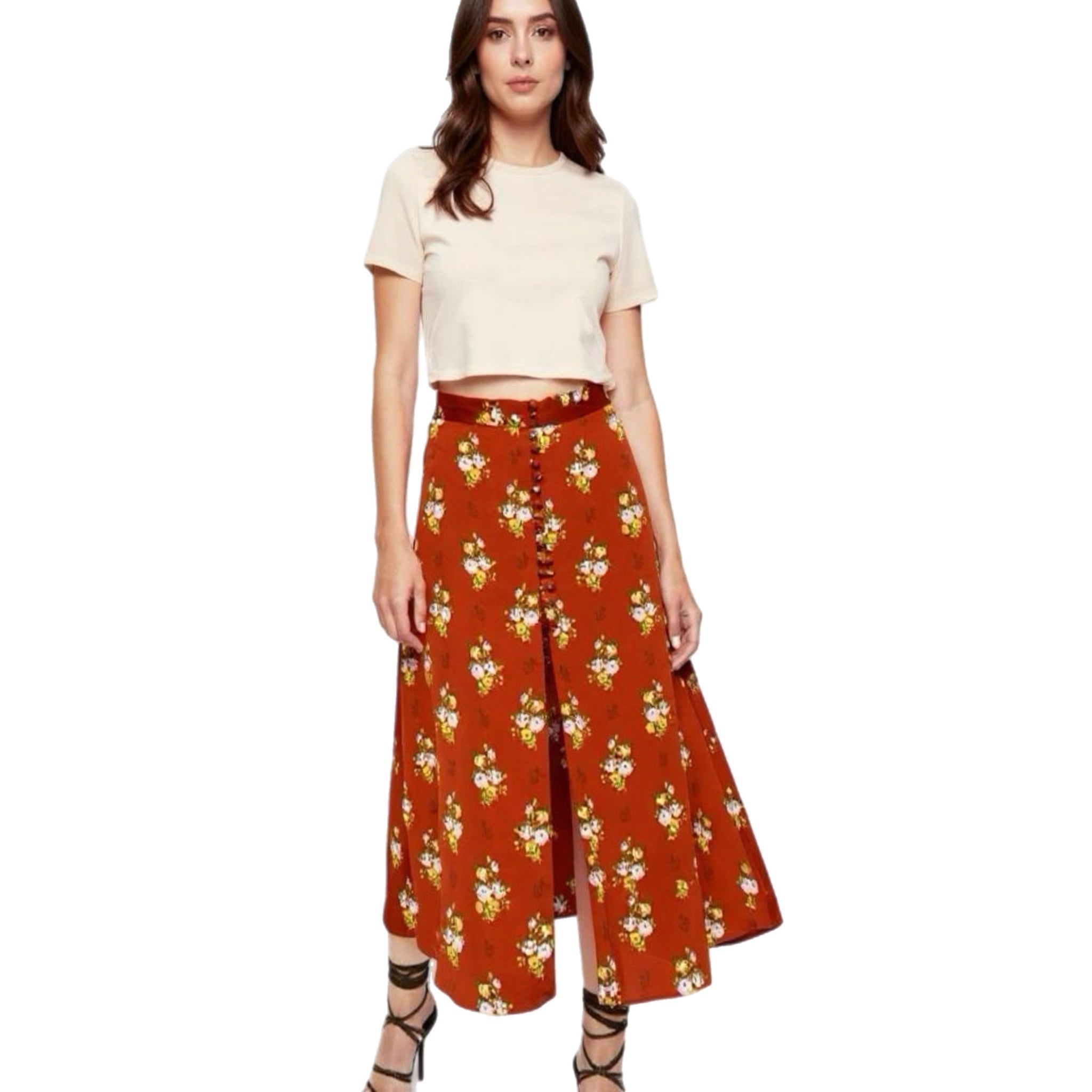ZARA Romantic Floral Skirt Midi Covered Buttons Bohemian Chic Autumn Rust Sz S