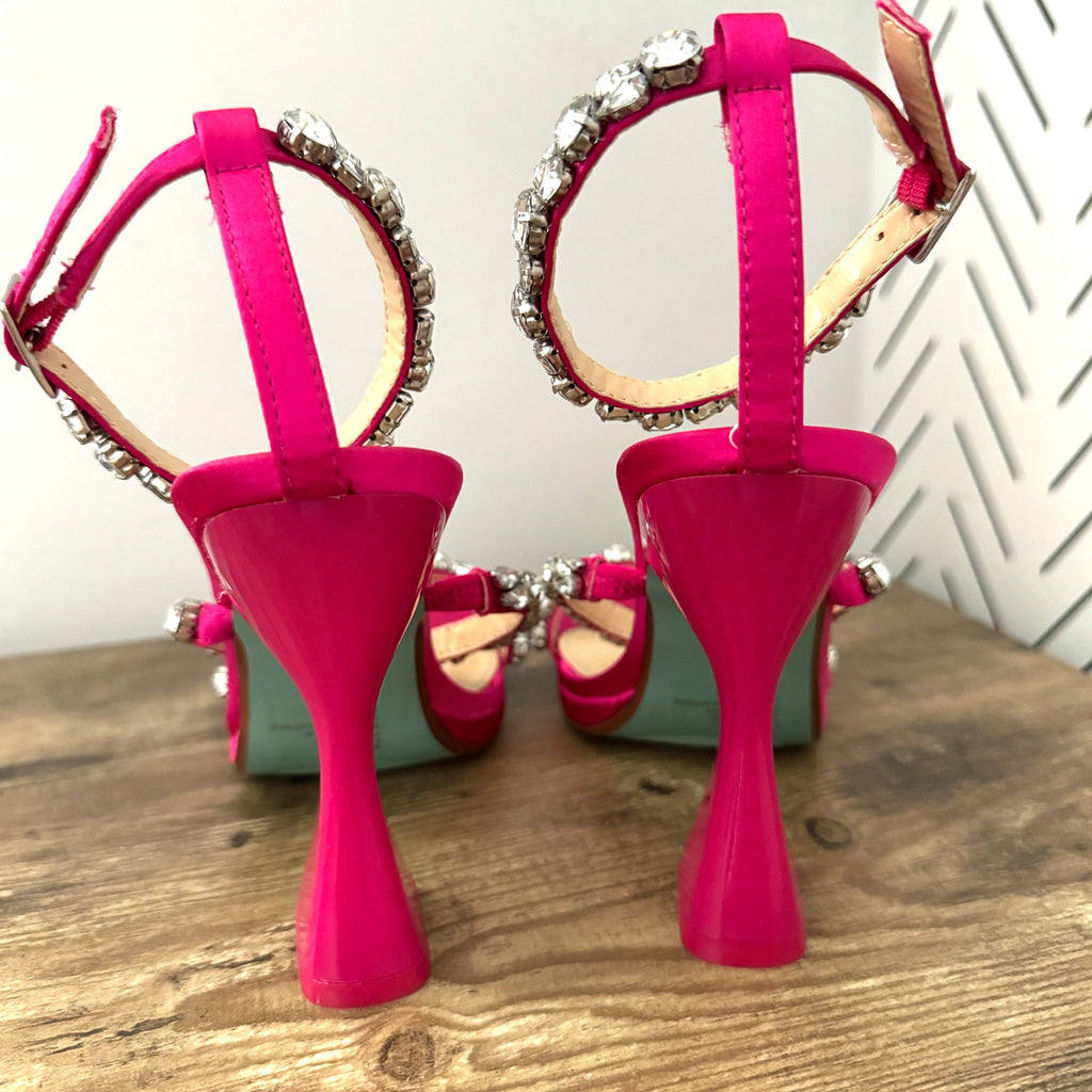 Betsey Johnson SB-Perry Women's Heels Pink Rhinestone Strap Blue Bottoms Sz 6.5