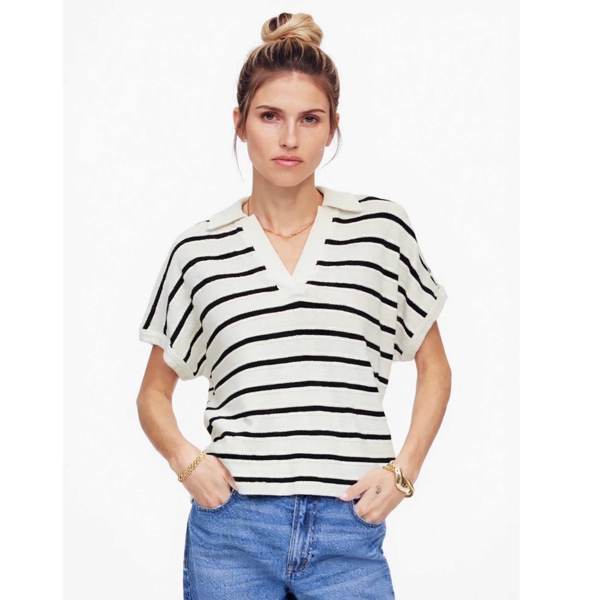 MADEWELL Maumau Polo Women’s Sz Small Striped Oversized Knit Preppy Chic Top NWT