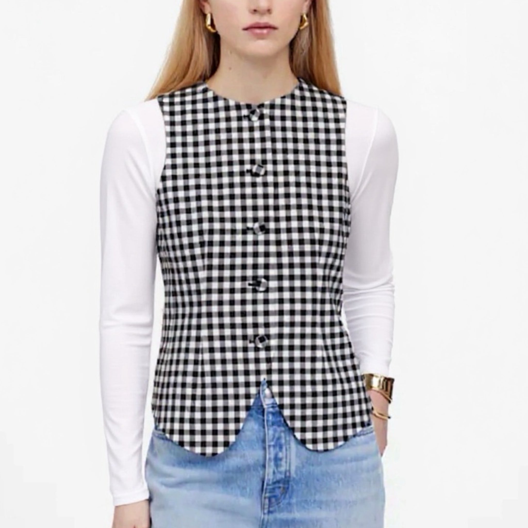 MADEWELL Wool Blend Preppy Gingham Vest Top Womens Sz 2 Black Check NWT $118