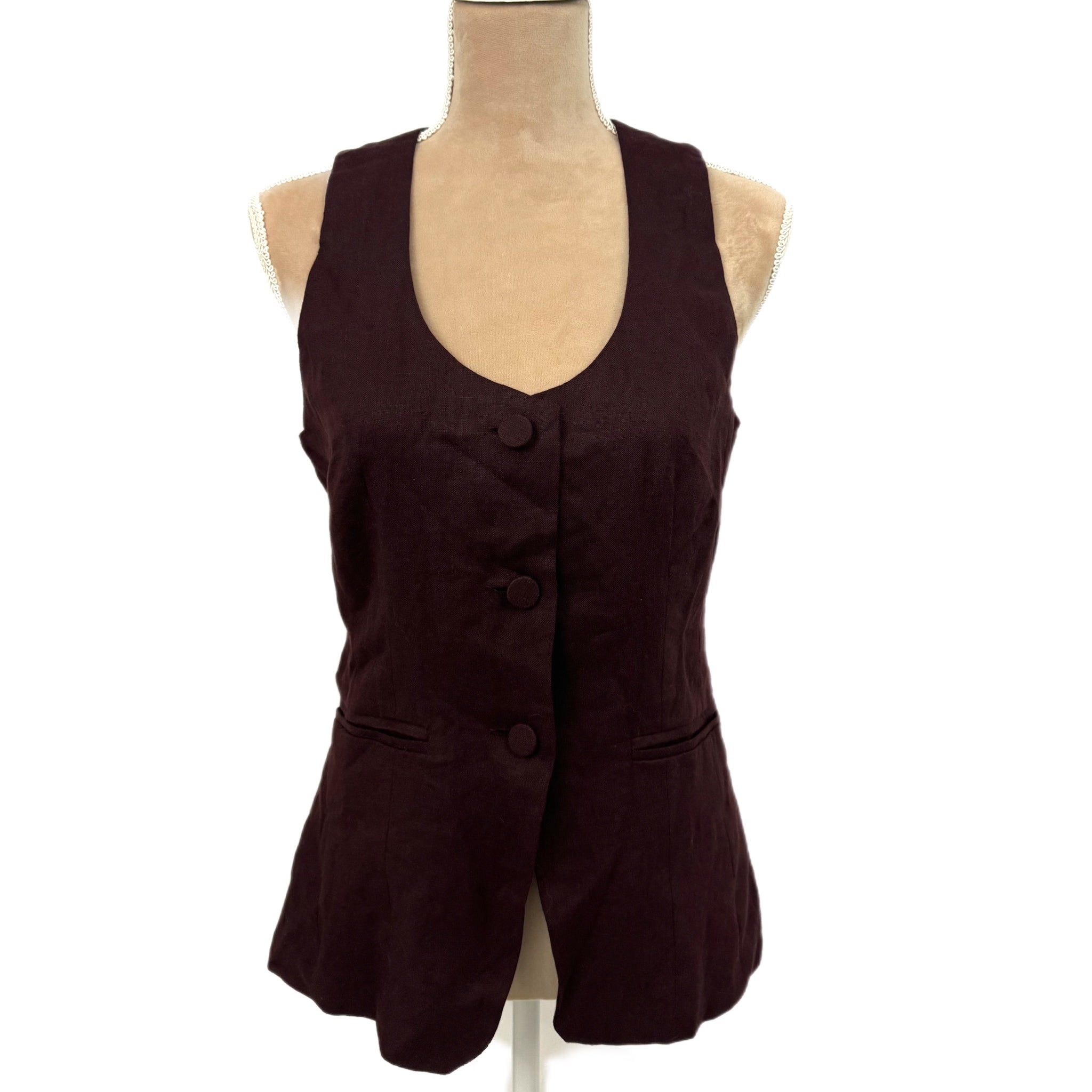 Madewell Women’s Linen Vest Size 6 Brown Scoop Neck Tailored Cutaway NWT $98