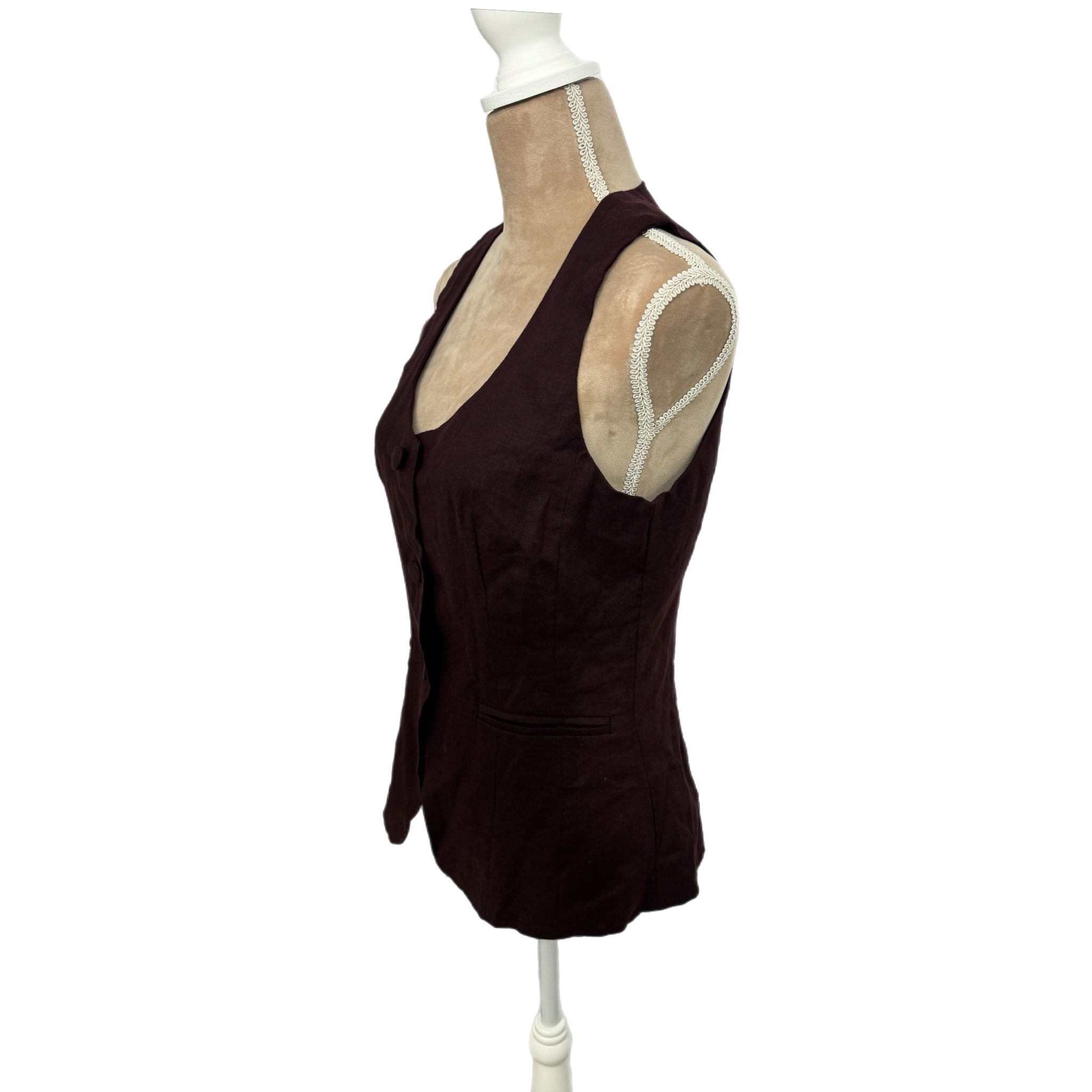 Madewell Women’s Linen Vest Size 6 Brown Scoop Neck Tailored Cutaway NWT $98