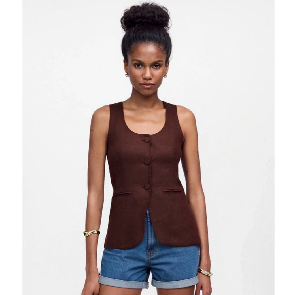 Madewell Women’s Linen Vest Size 6 Brown Scoop Neck Tailored Cutaway NWT $98