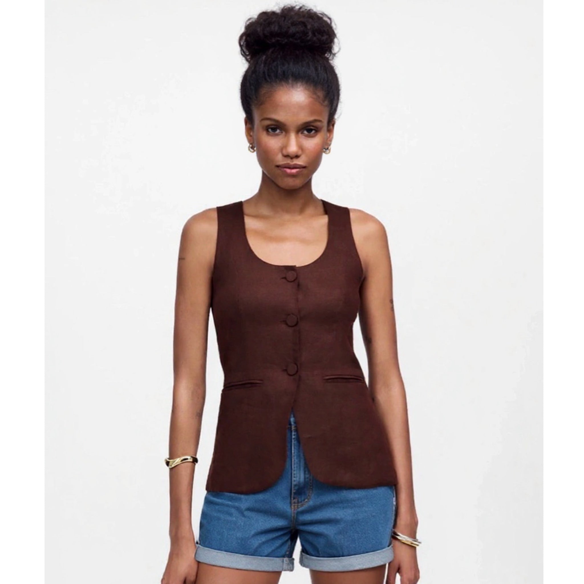 Madewell Women’s Linen Vest Size 6 Brown Scoop Neck Tailored Cutaway NWT $98