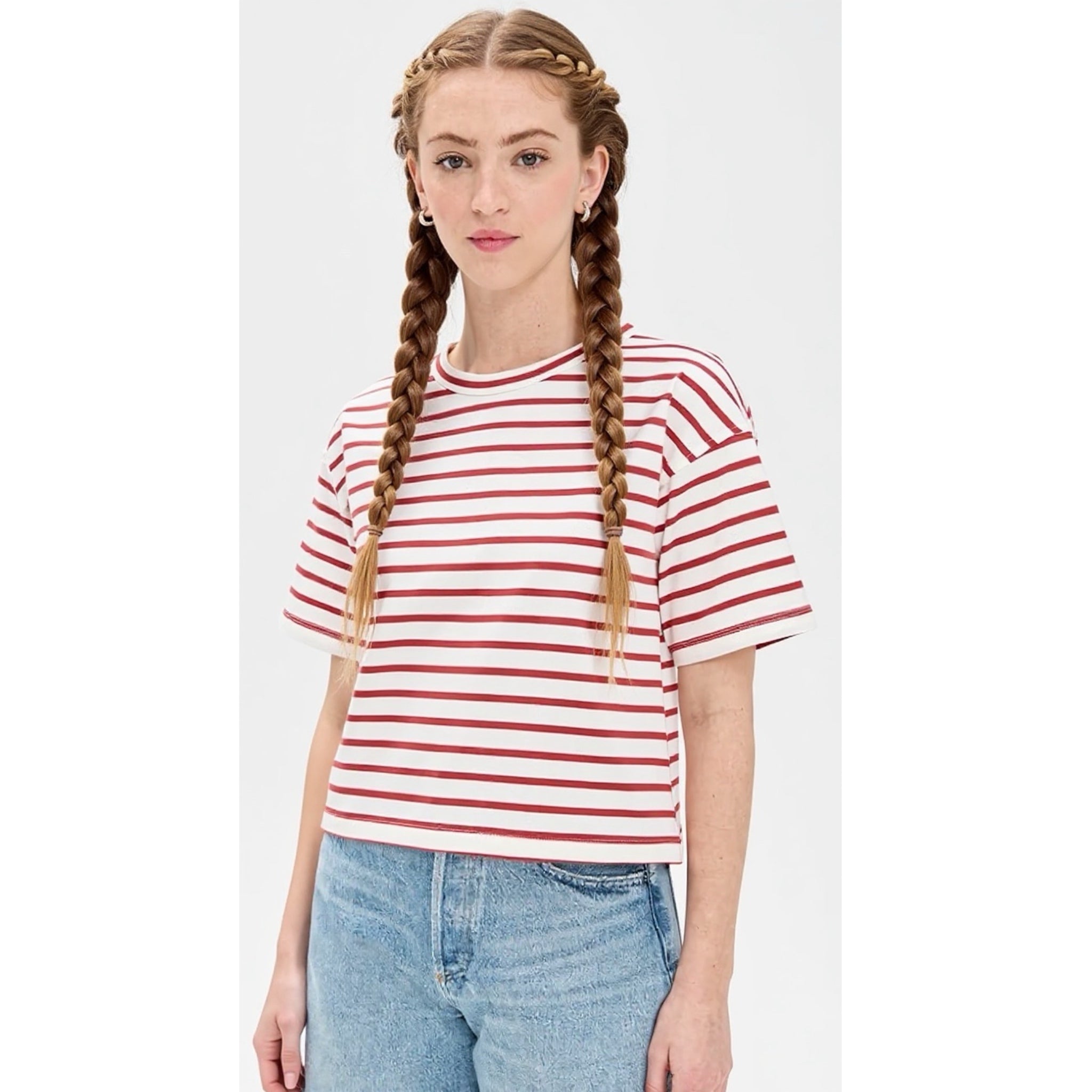 Madewell Everyday Boxy Cotton Crop T-Shirt Red Stripe Size M Crew Neck NWT $65