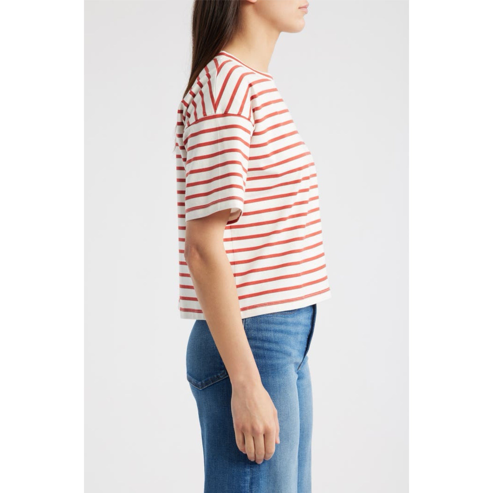Madewell Everyday Boxy Cotton Crop T-Shirt Red Stripe Size M Crew Neck NWT $65