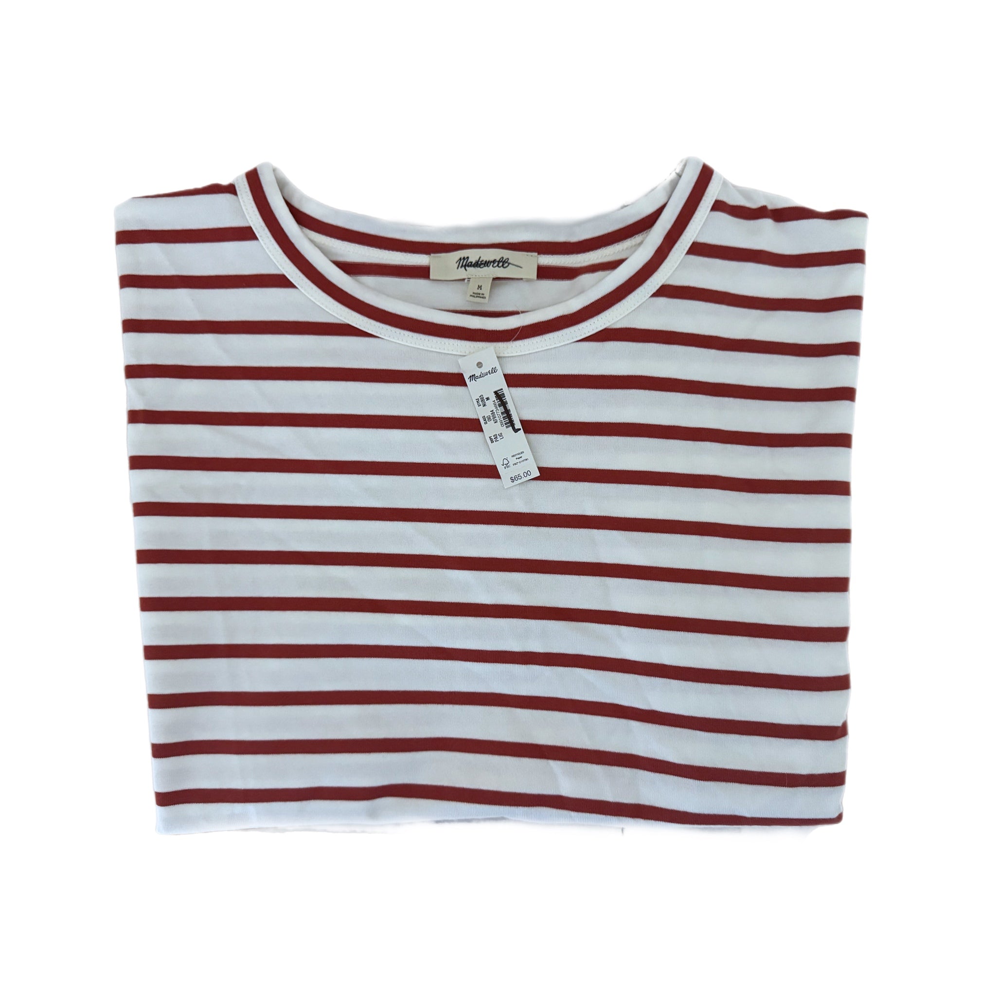 Madewell Everyday Boxy Cotton Crop T-Shirt Red Stripe Size M Crew Neck NWT $65