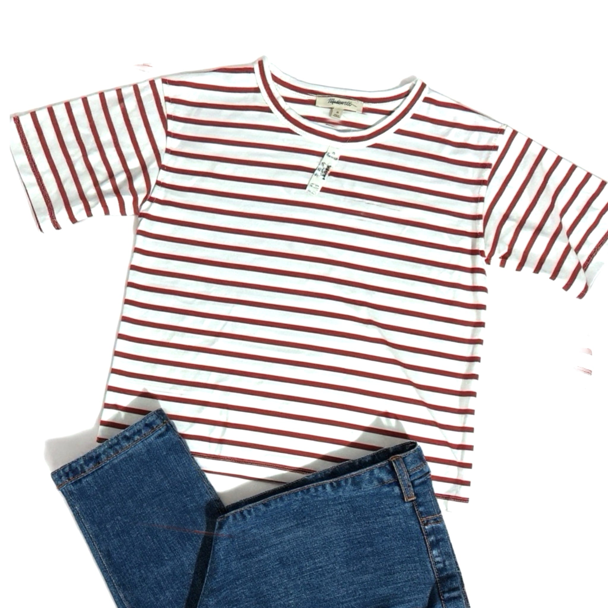 Madewell Everyday Boxy Cotton Crop T-Shirt Red Stripe Size M Crew Neck NWT $65