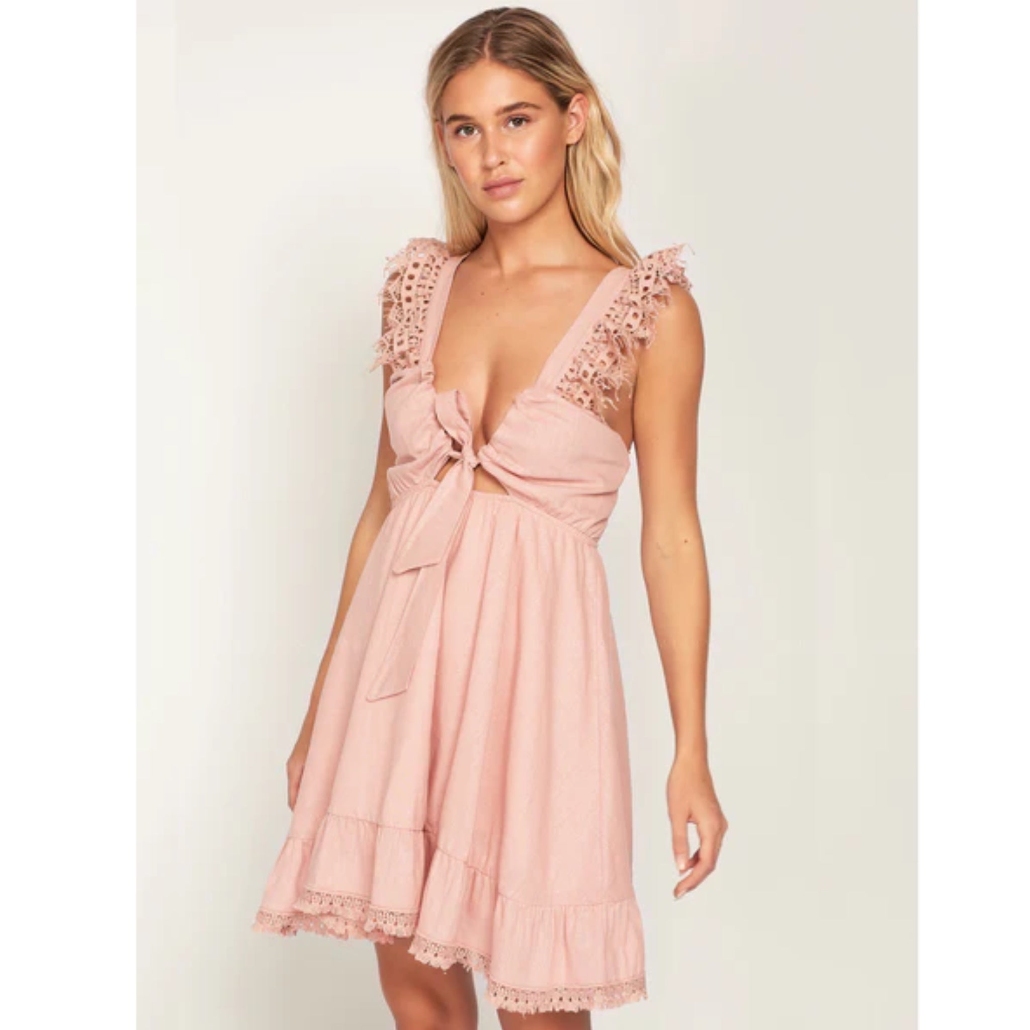 Peixoto Farrah Dress Womens Sz M Rose Pink Crochet Strap Tie Front MSRP $160 New