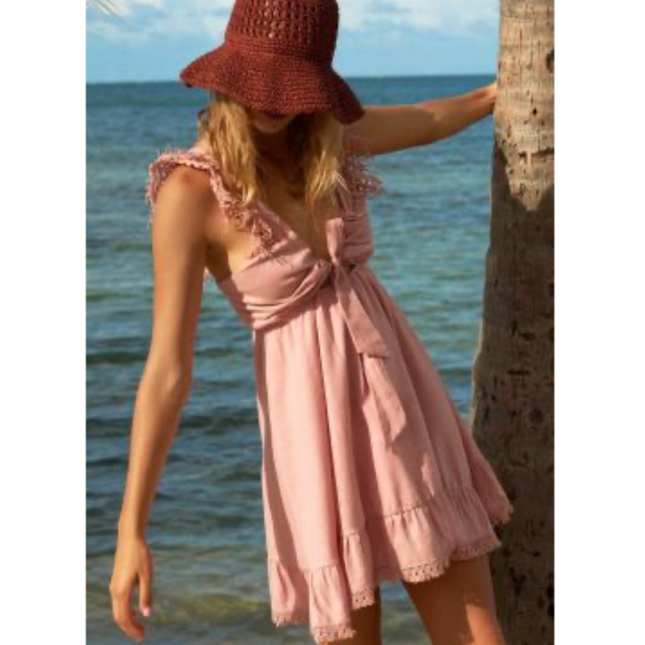 Peixoto Farrah Dress Womens Sz M Rose Pink Crochet Strap Tie Front MSRP $160 New