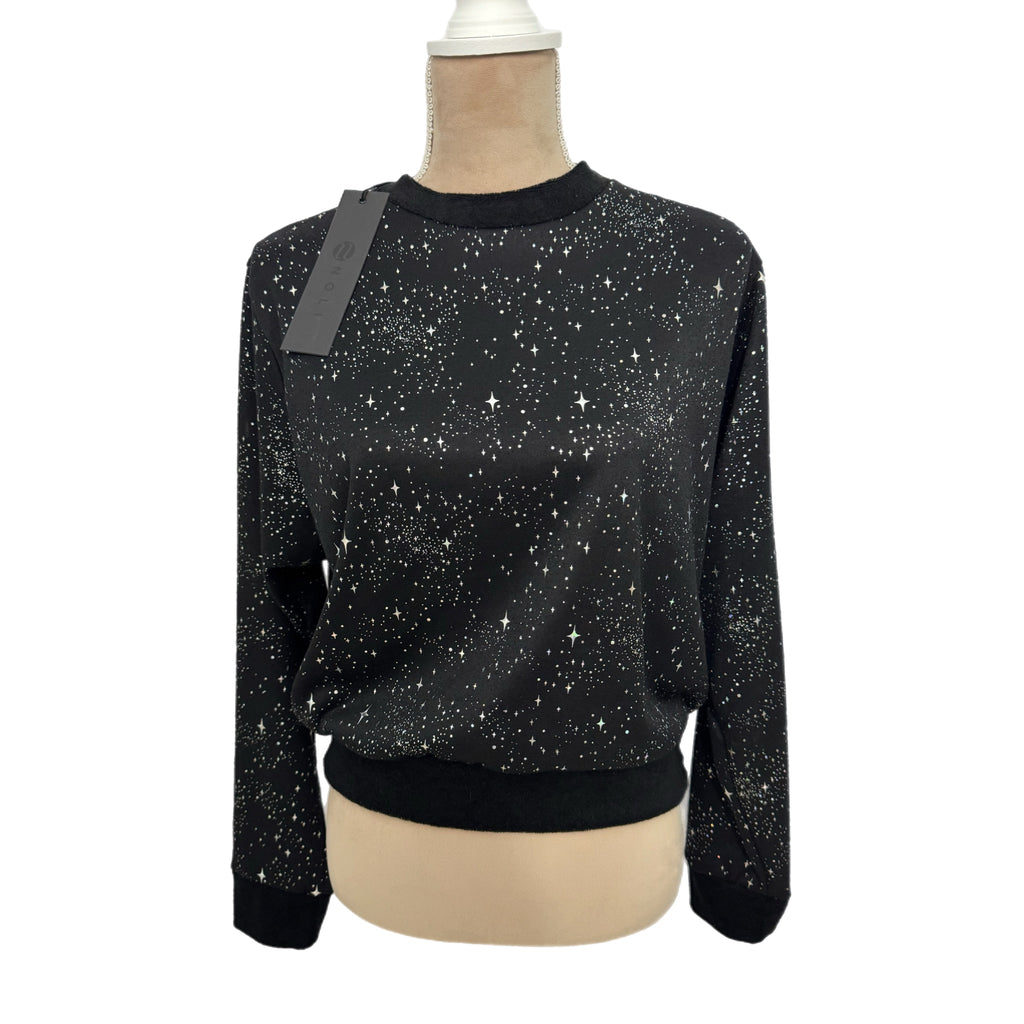 Noli Designer Celestial Star Sweatshirt Black Silver Pullover Women Sz M NWT $98