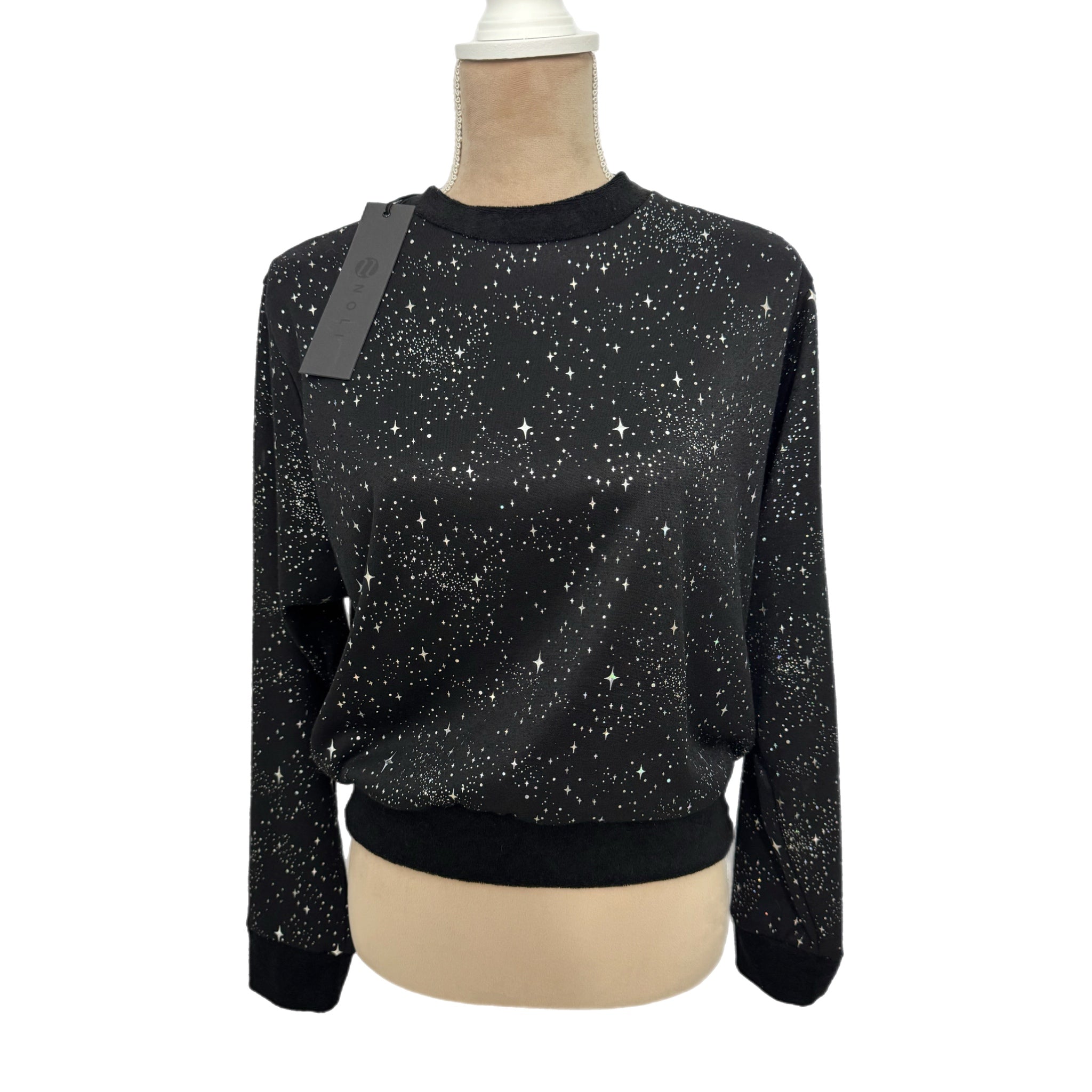 Noli Designer Celestial Star Sweatshirt Black Silver Pullover Women Sz M NWT $98