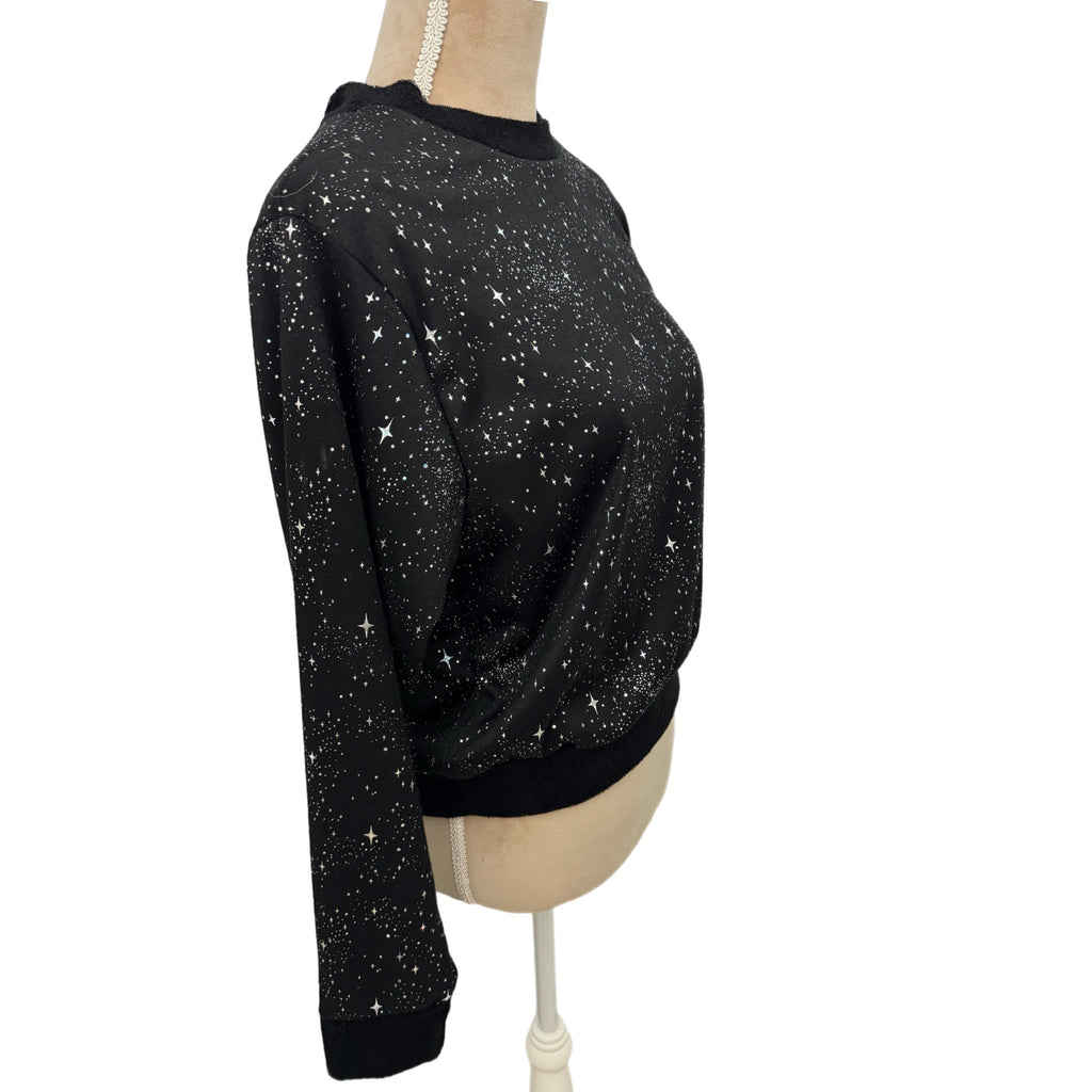 Noli Designer Celestial Star Sweatshirt Black Silver Pullover Women Sz M NWT $98