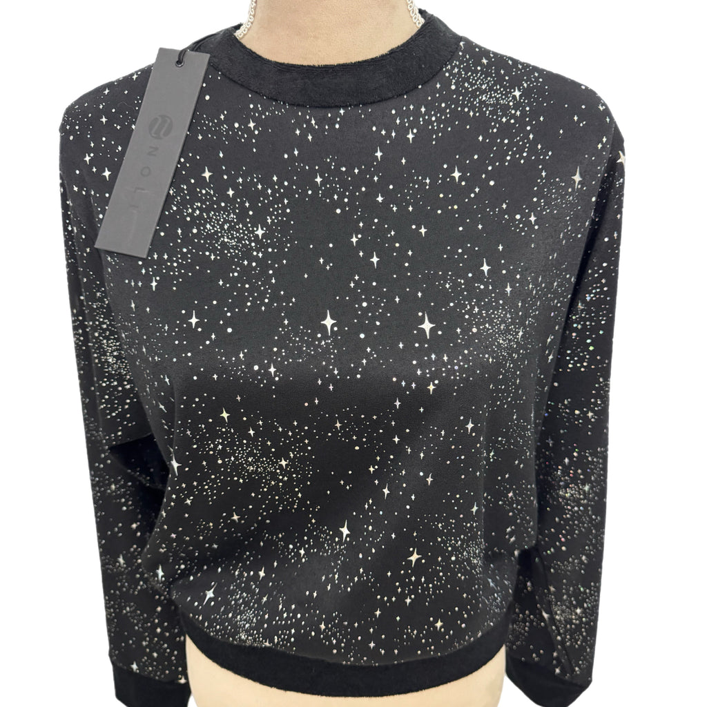 Noli Designer Celestial Star Sweatshirt Black Silver Pullover Women Sz M NWT $98