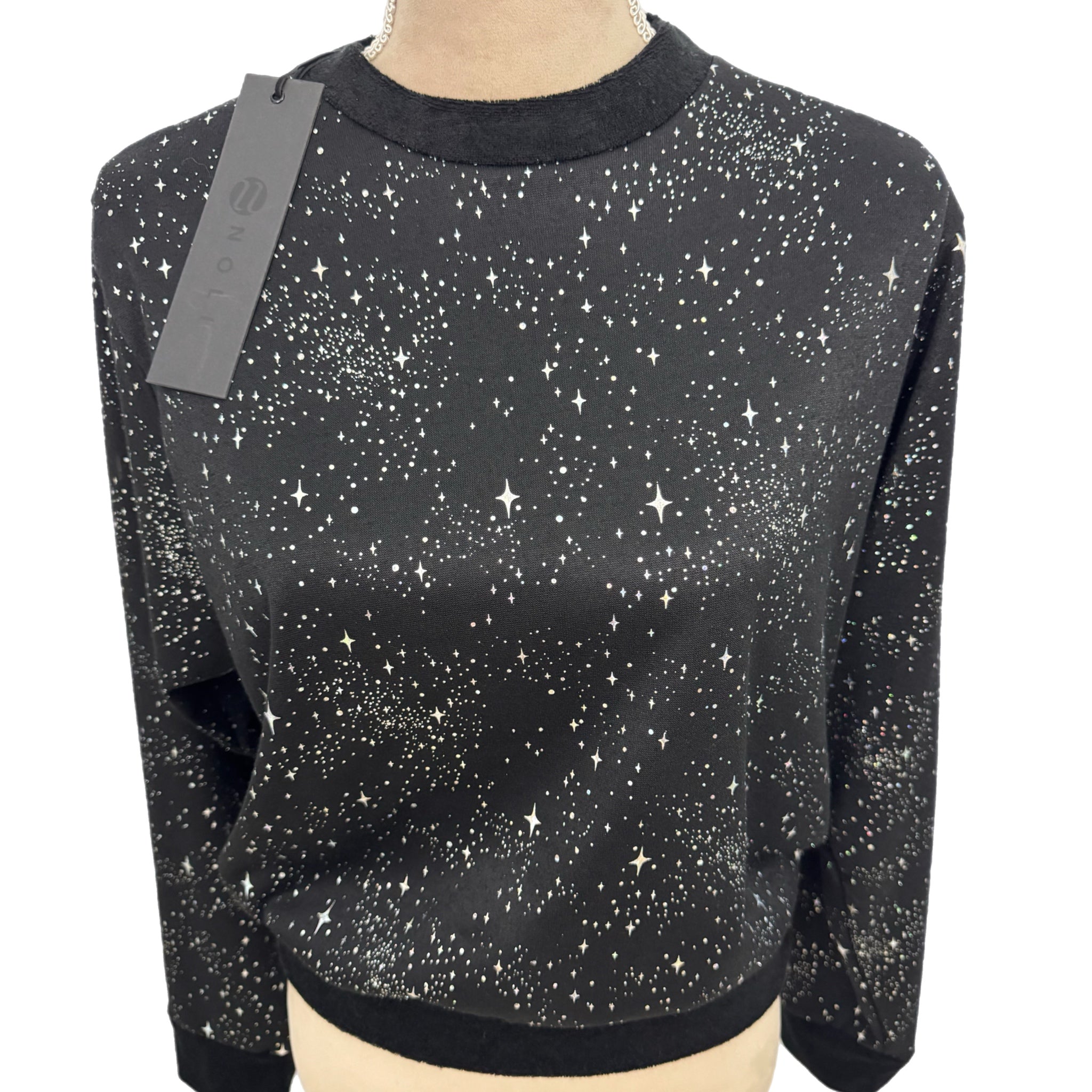 Noli Designer Celestial Star Sweatshirt Black Silver Pullover Women Sz M NWT $98