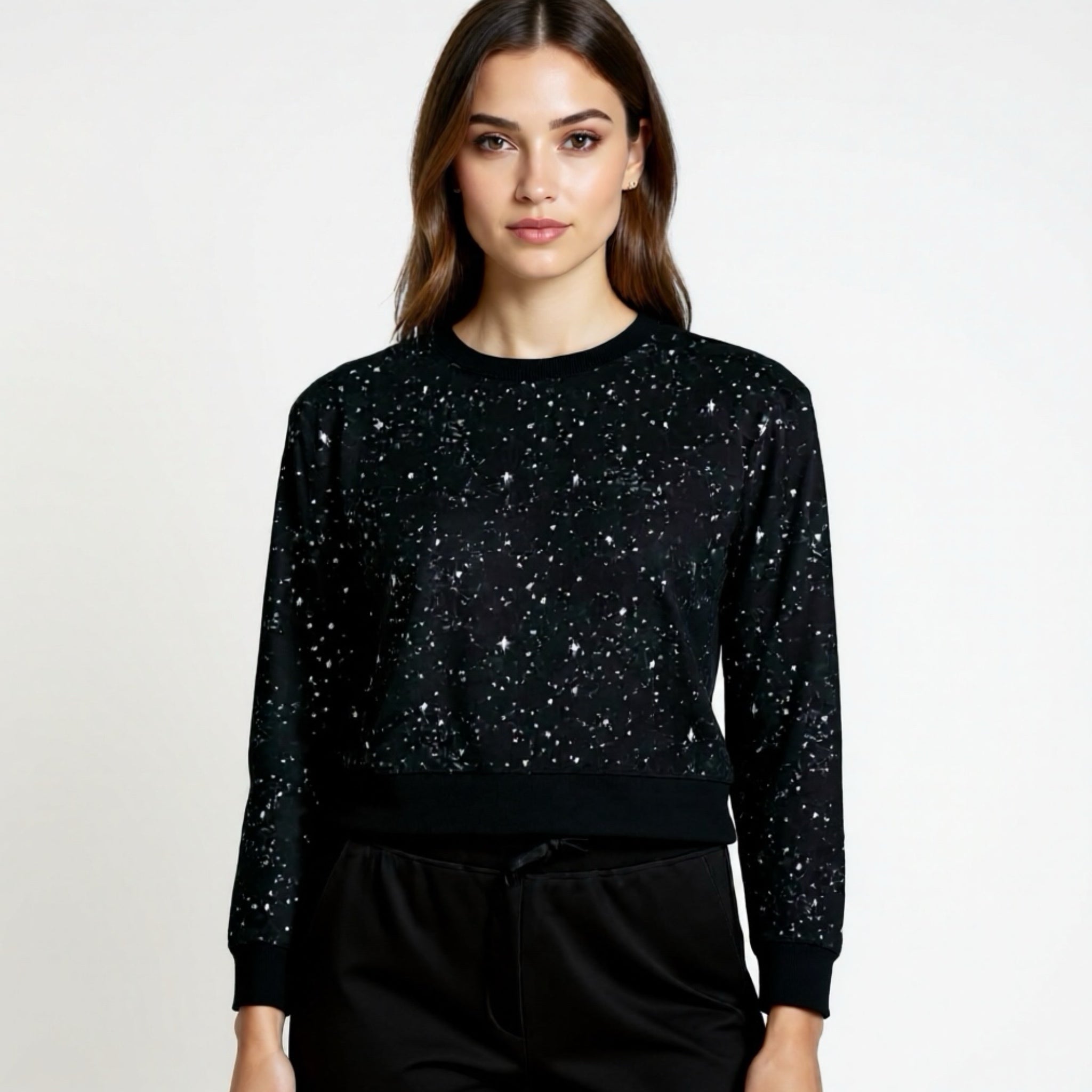 Noli Designer Celestial Star Sweatshirt Black Silver Pullover Women Sz M NWT $98