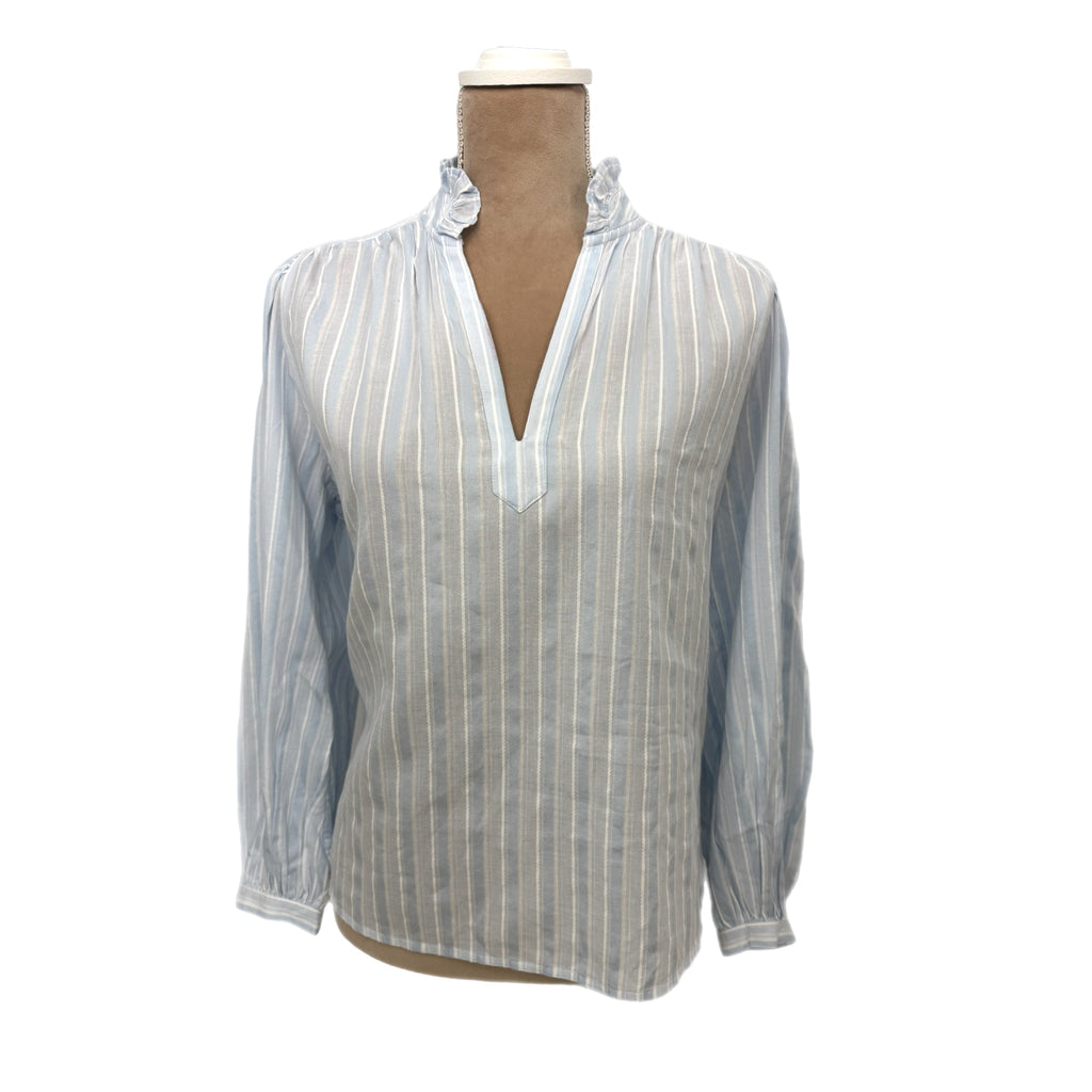 Madewell Ruffled Popover Top Stripe Blue Cotton XS/S Blouse Preppy Chic MSRP $98