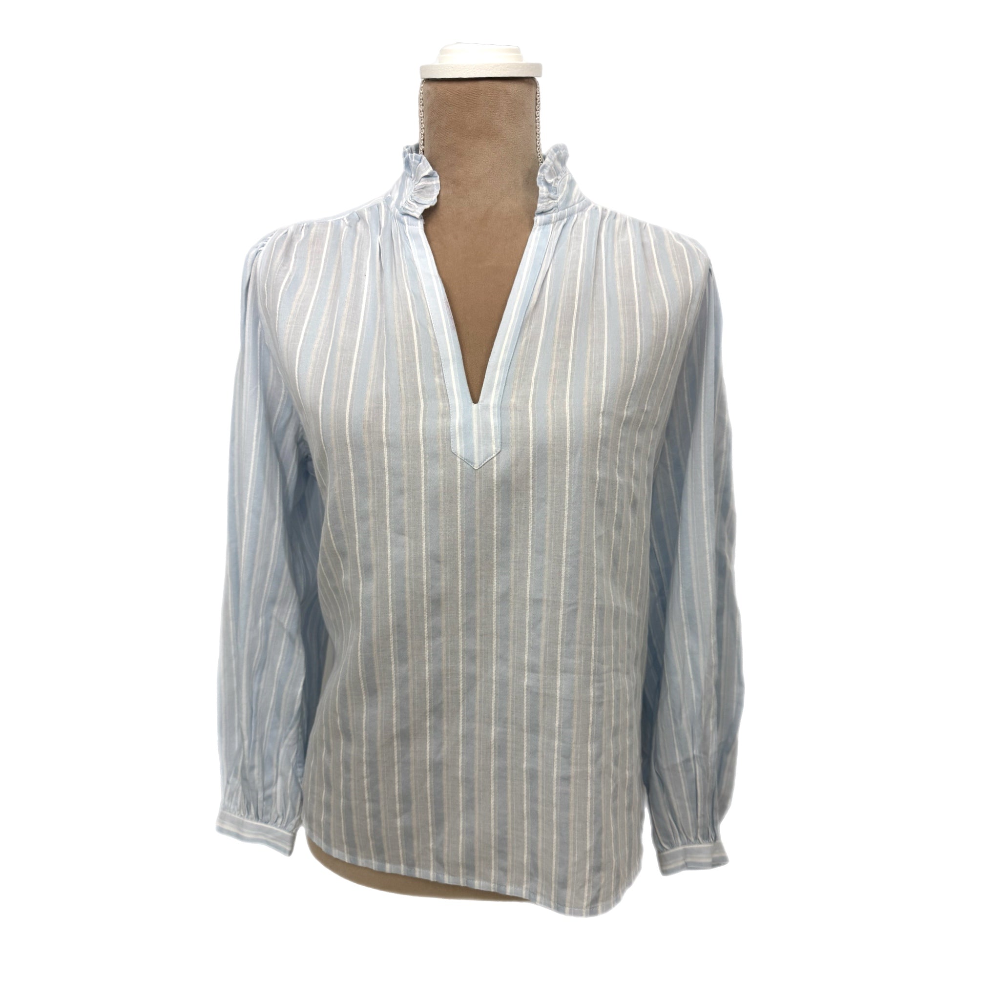 Madewell Ruffled Popover Top Stripe Blue Cotton XS/S Blouse Preppy Chic MSRP $98