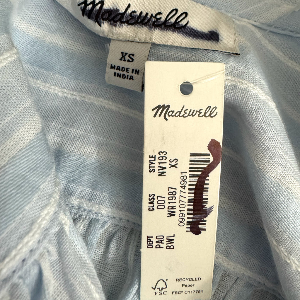 Madewell Ruffled Popover Top Stripe Blue Cotton XS/S Blouse Preppy Chic MSRP $98