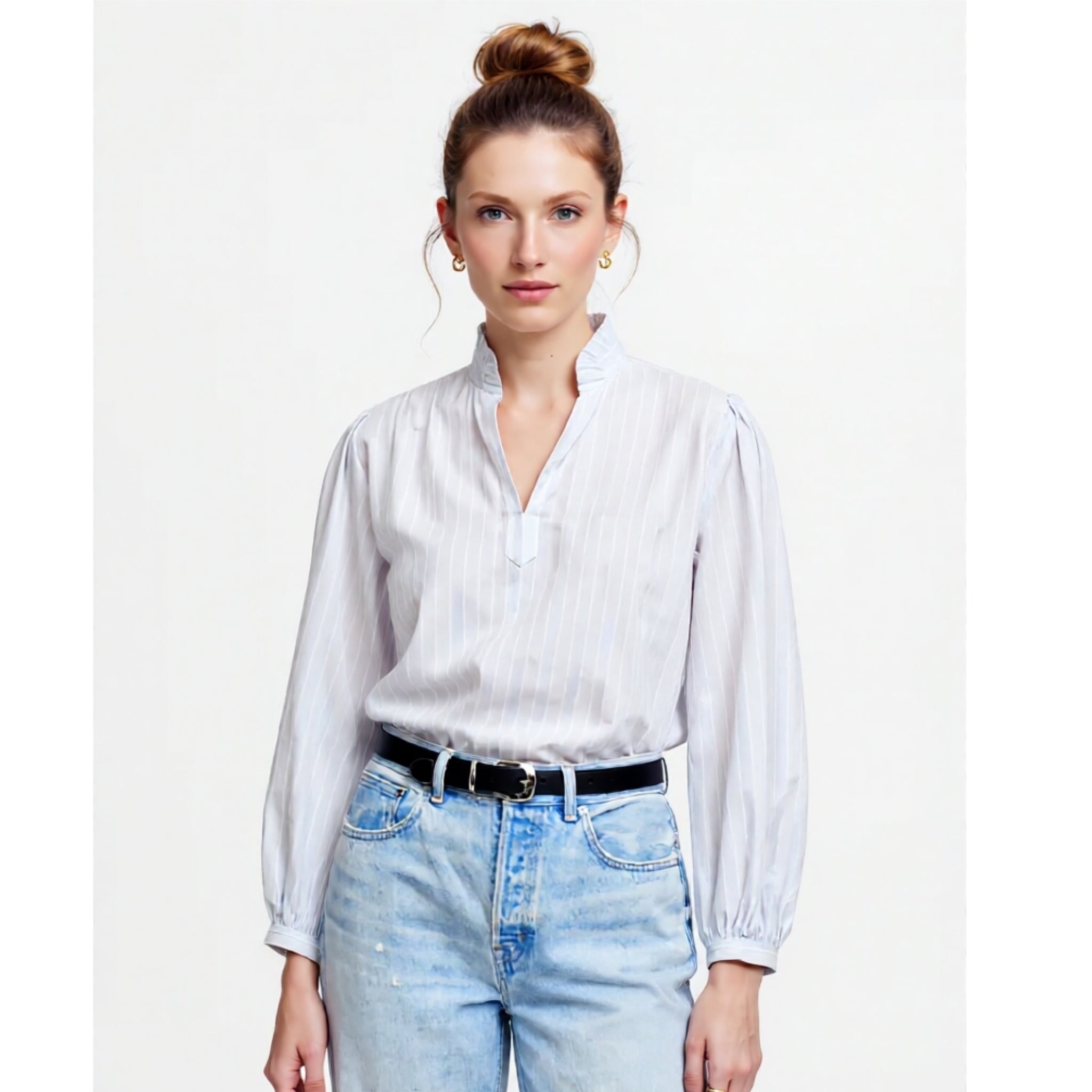 Madewell Ruffled Popover Top Stripe Blue Cotton XS/S Blouse Preppy Chic MSRP $98