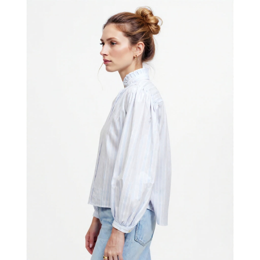 Madewell Ruffled Popover Top Stripe Blue Cotton XS/S Blouse Preppy Chic MSRP $98