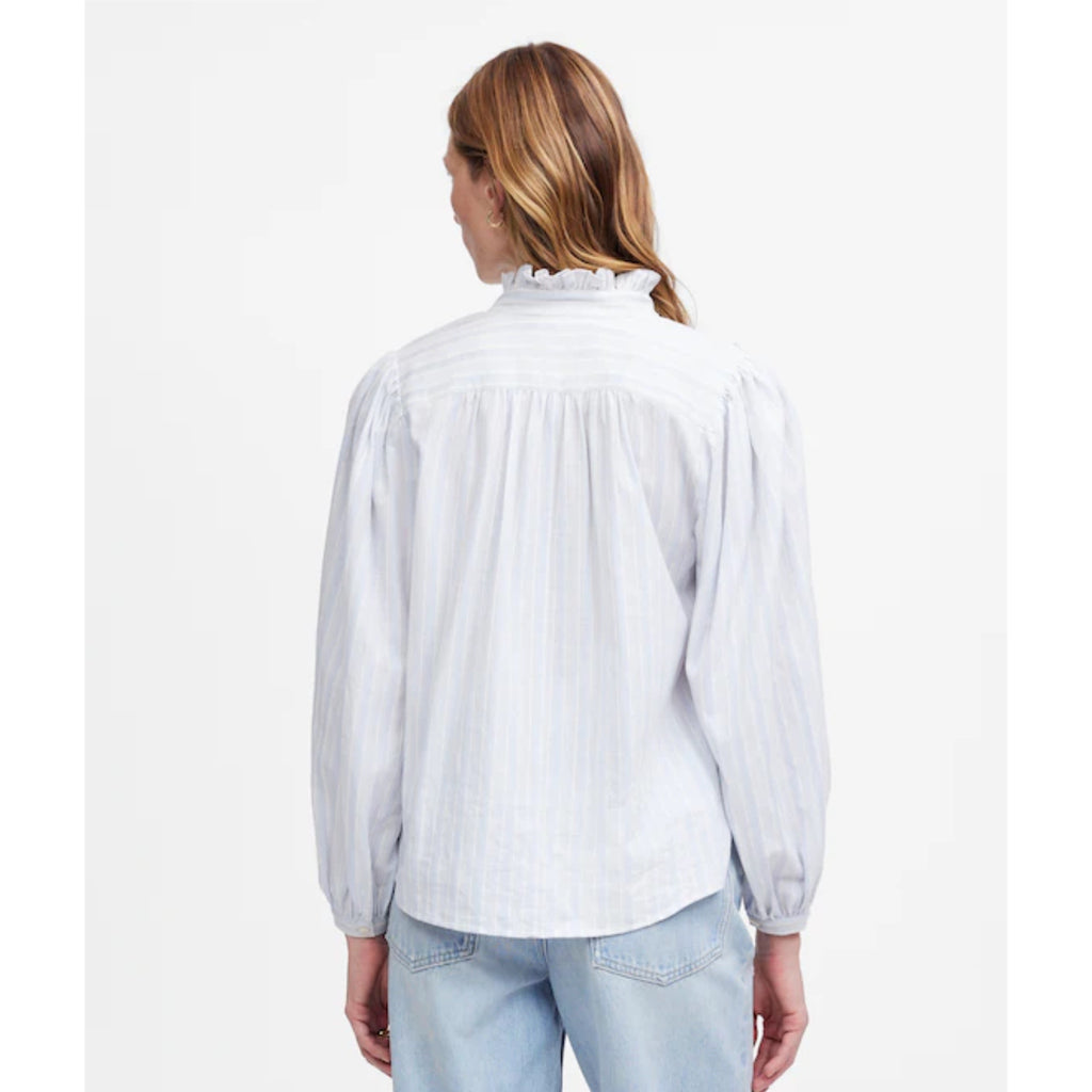 Madewell Ruffled Popover Top Stripe Blue Cotton XS/S Blouse Preppy Chic MSRP $98