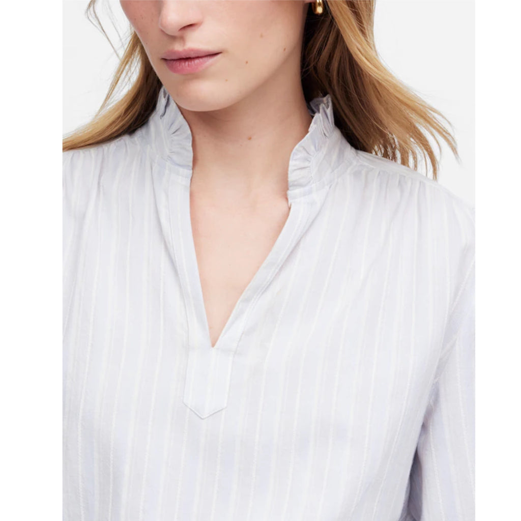 Madewell Ruffled Popover Top Stripe Blue Cotton XS/S Blouse Preppy Chic MSRP $98