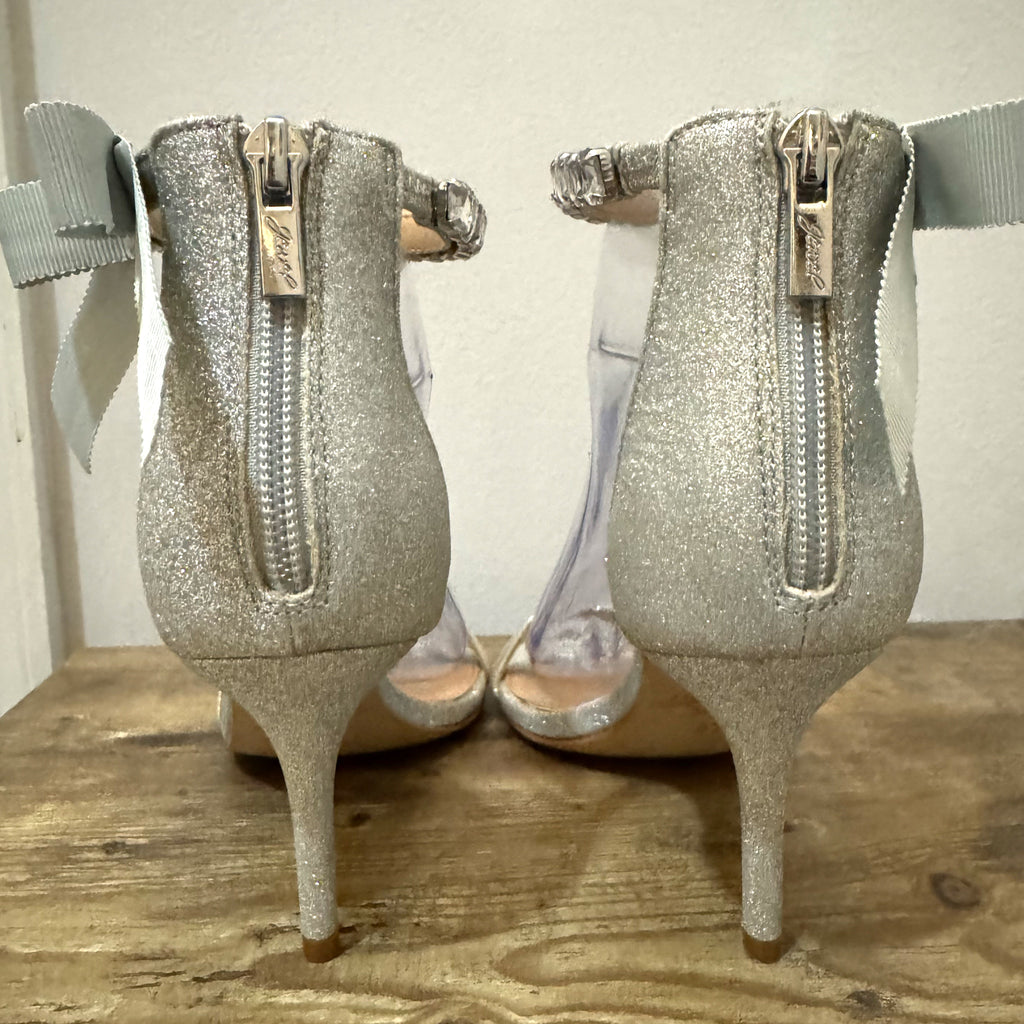 Jewel Badgley Mischka Silver Glitter Ankle Strap Heels Crystal Bow Womens Sz 6.5